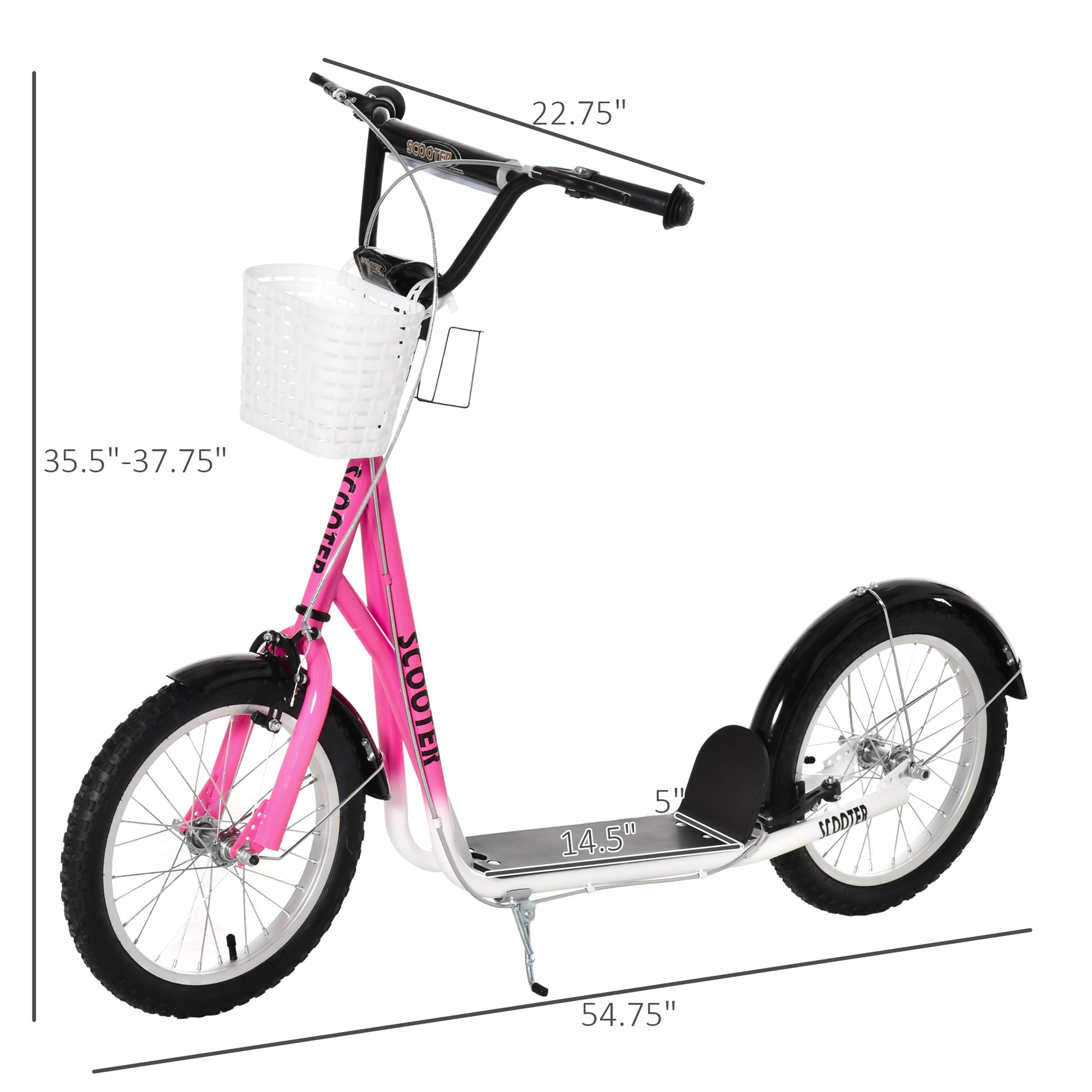 Youth Scooter, Kick Scooter With Adjustable Handlebars, Double Brakes, 16" Inflatable Rubber Tires, Basket, Cupholder, Pink Pink Metal