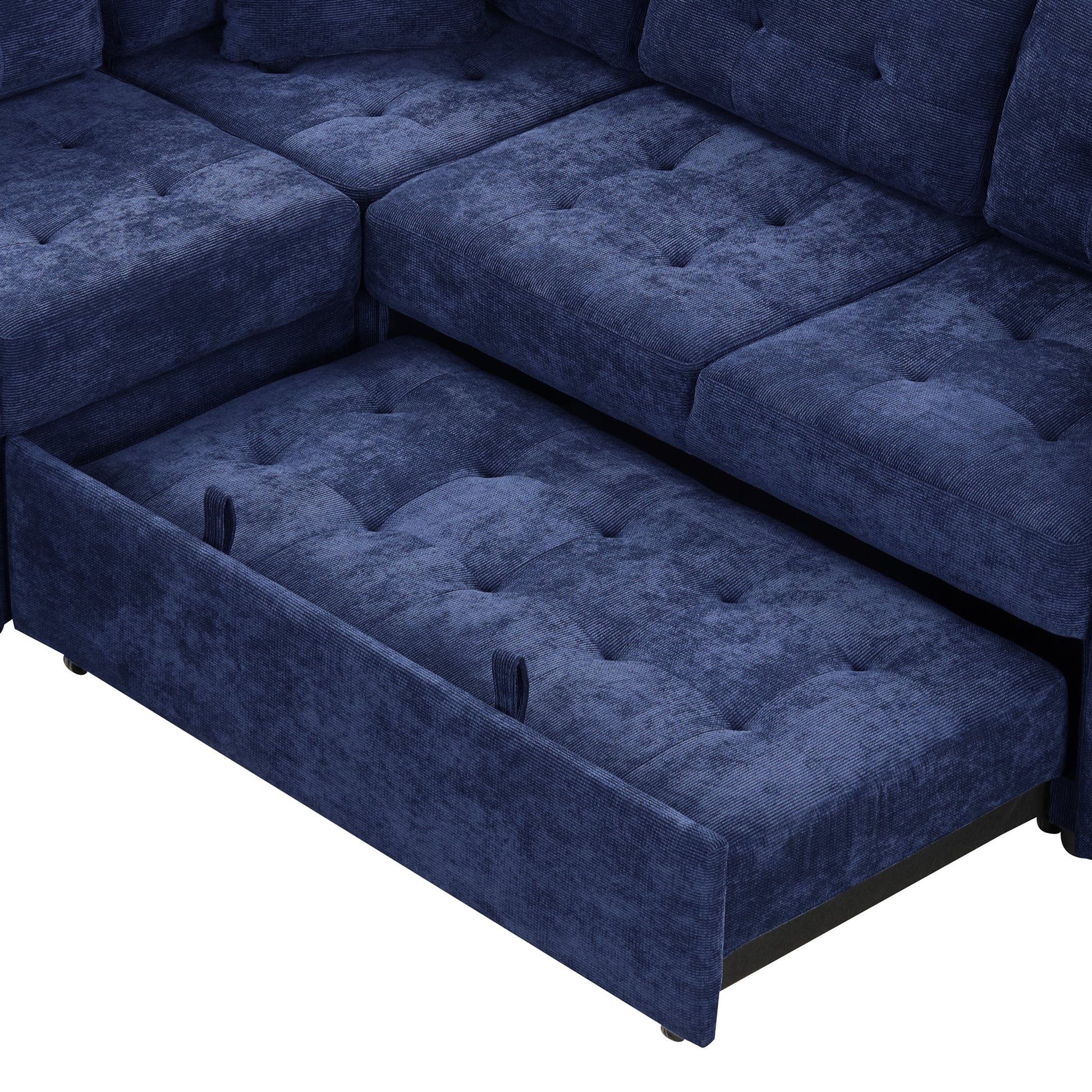 82.6" L Shape Sofa Bed Pull Out Sleeper Sofa With Wheels, Usb Ports, Power Sockets For Living Room, Navy Blue Navy Blue Foam Velvet