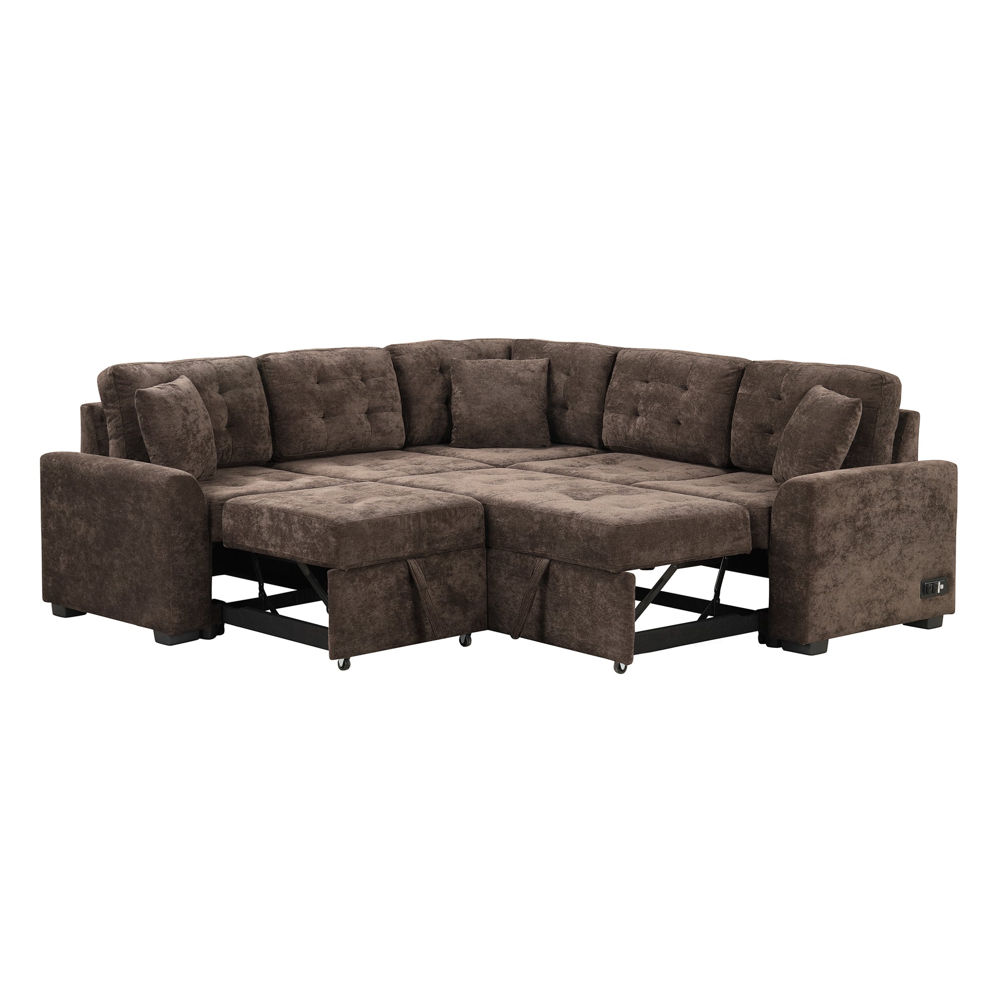 82.6" L Shape Sofa Bed Pull Out Sleeper Sofa With Wheels, Usb Ports, Power Sockets For Living Room, Brown Brown Foam Velvet