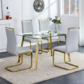 Modern Minimalist Style Rectangular Glass Dining Table With Tempered Glass Tabletop And Golden Metal Legs, Suitable For Kitchen, Dining Room, And Living Room, 51 