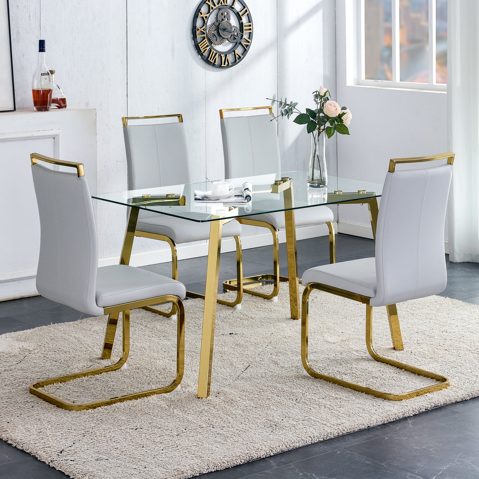 Modern Minimalist Style Rectangular Glass Dining Table With Tempered Glass Tabletop And Golden Metal Legs, Suitable For Kitchen, Dining Room, And Living Room, 51 " * 31.5 " * 29.5 "1123 Transparent Glass