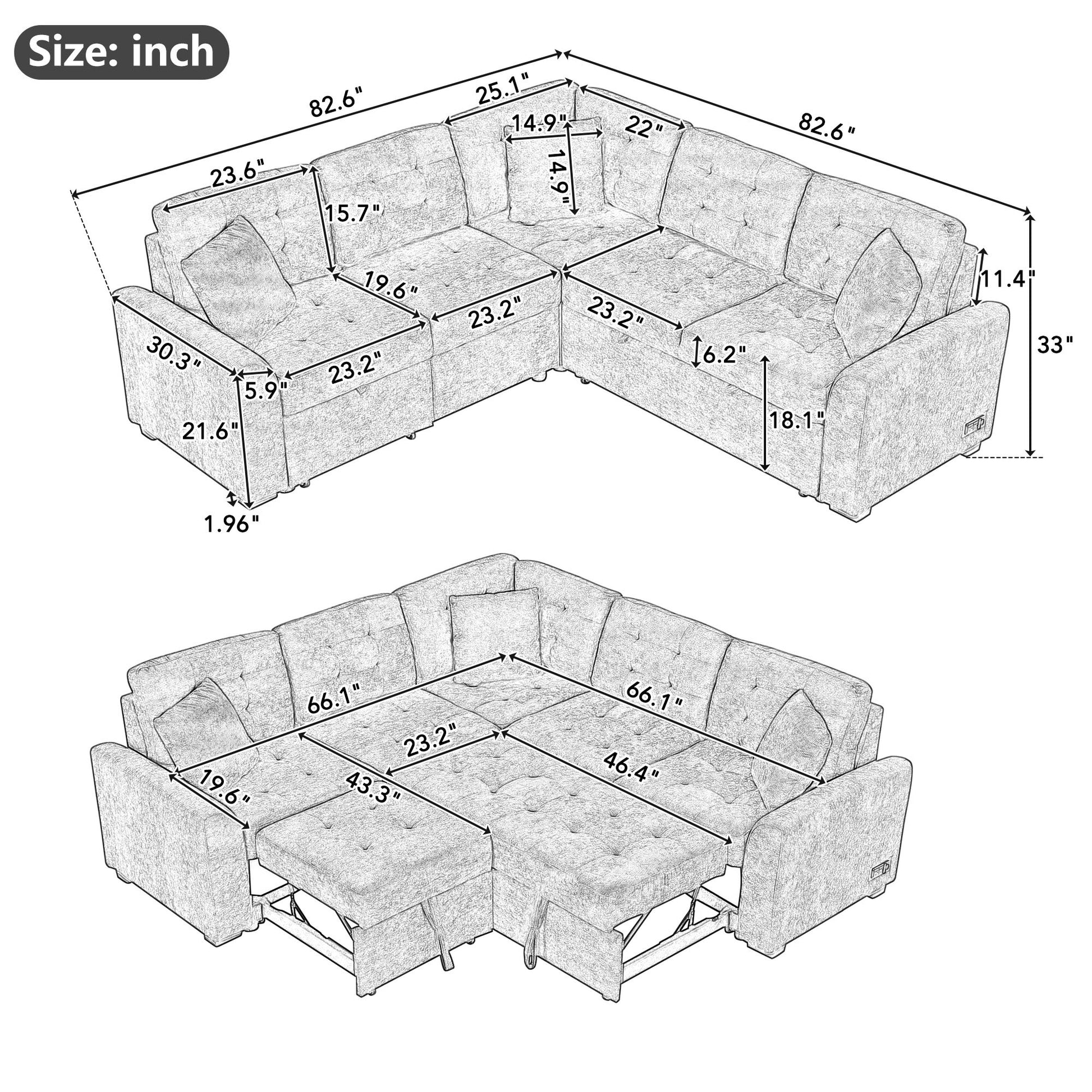 82.6" L Shape Sofa Bed Pull Out Sleeper Sofa With Wheels, Usb Ports, Power Sockets For Living Room, Navy Blue Navy Blue Foam Velvet