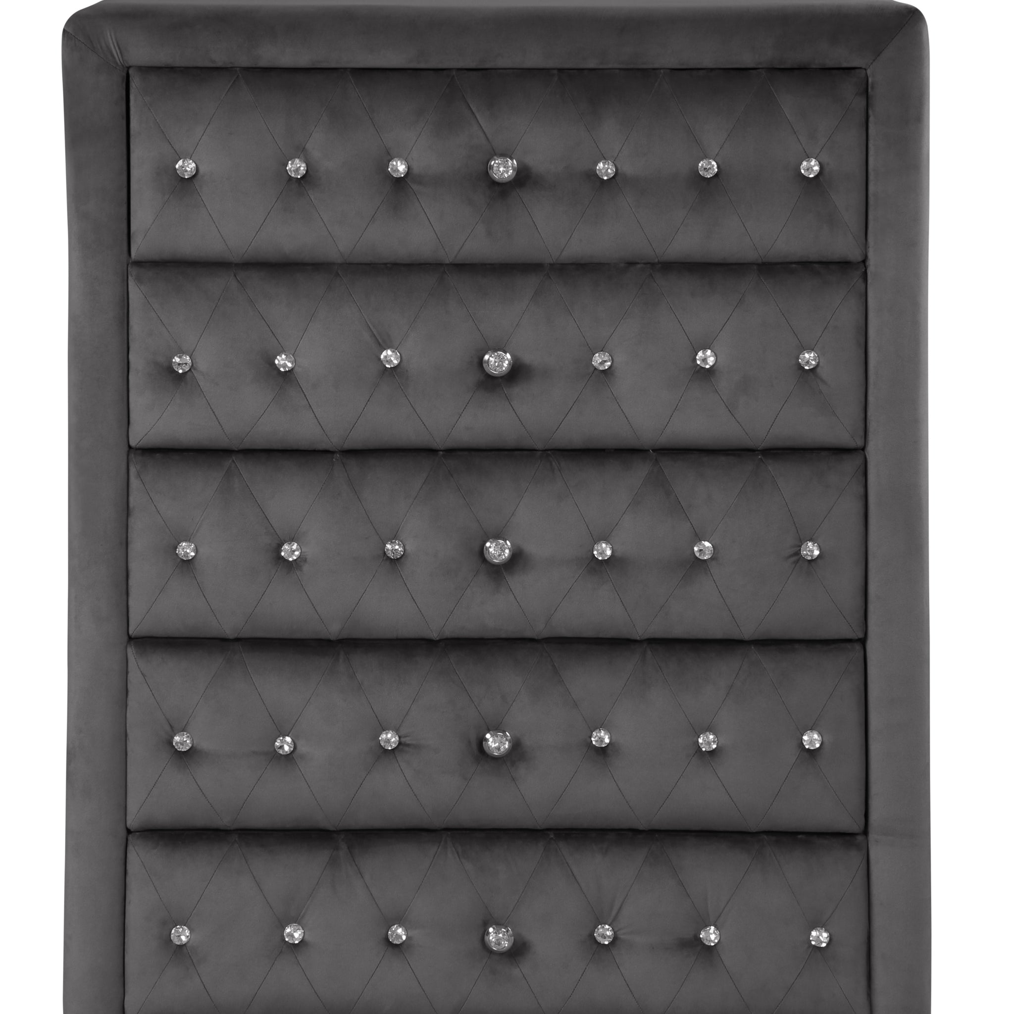 Sophia Modern Style Crystal Tufted Upholstery 5 Drawer Chest Finished With Velvet Fabric Made With Wood In Gray Gray Bedroom Contemporary,Modern Acacia Solid Wood Mdf Wood