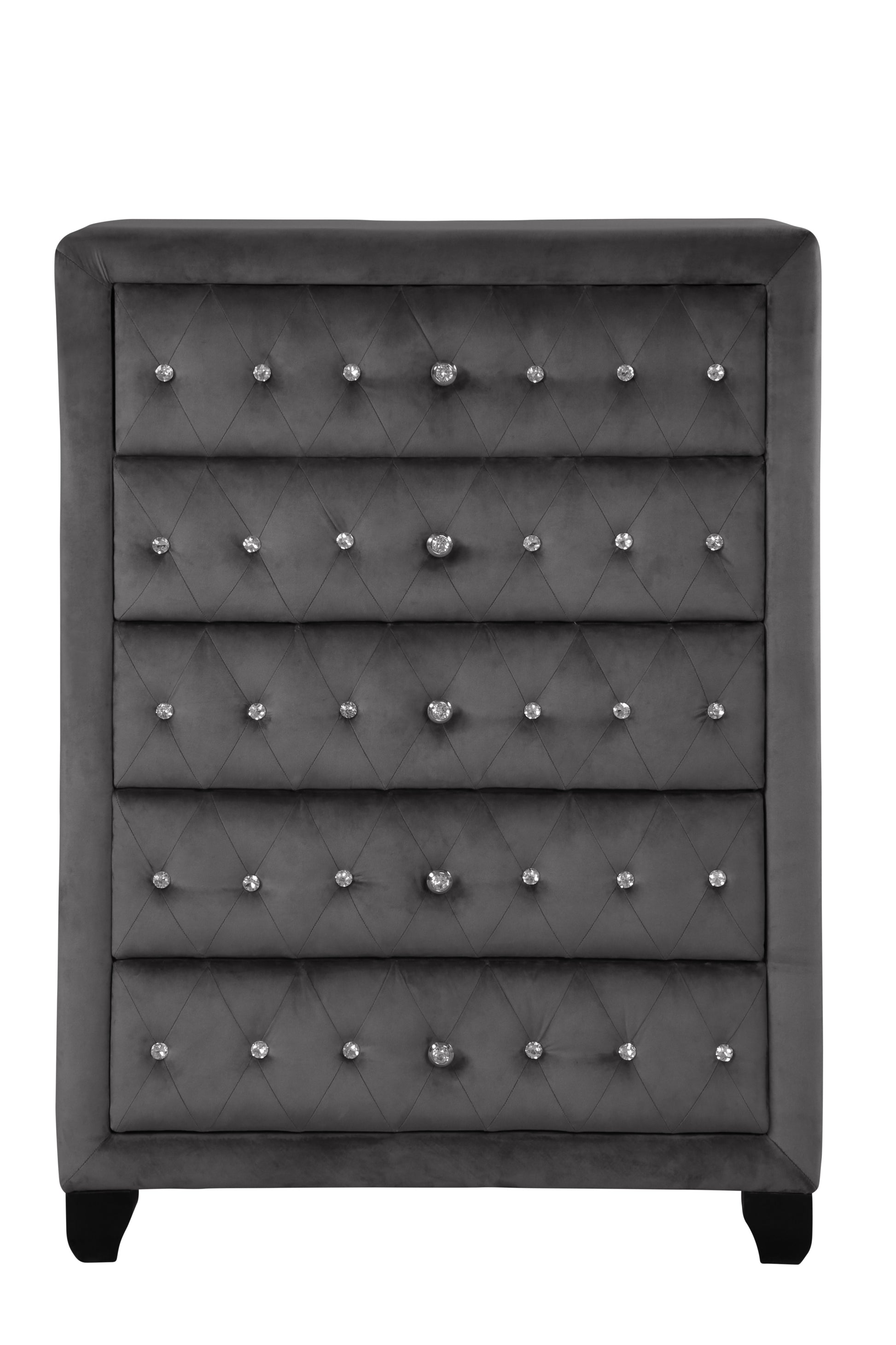 Sophia Modern Style Crystal Tufted Upholstery 5 Drawer Chest Finished With Velvet Fabric Made With Wood In Gray Gray Bedroom Contemporary,Modern Acacia Solid Wood Mdf Wood