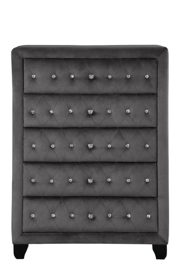 Sophia Modern Style Crystal Tufted Upholstery 5 Drawer Chest Finished With Velvet Fabric Made With Wood In Gray Gray Bedroom Contemporary,Modern Acacia Solid Wood Mdf Wood