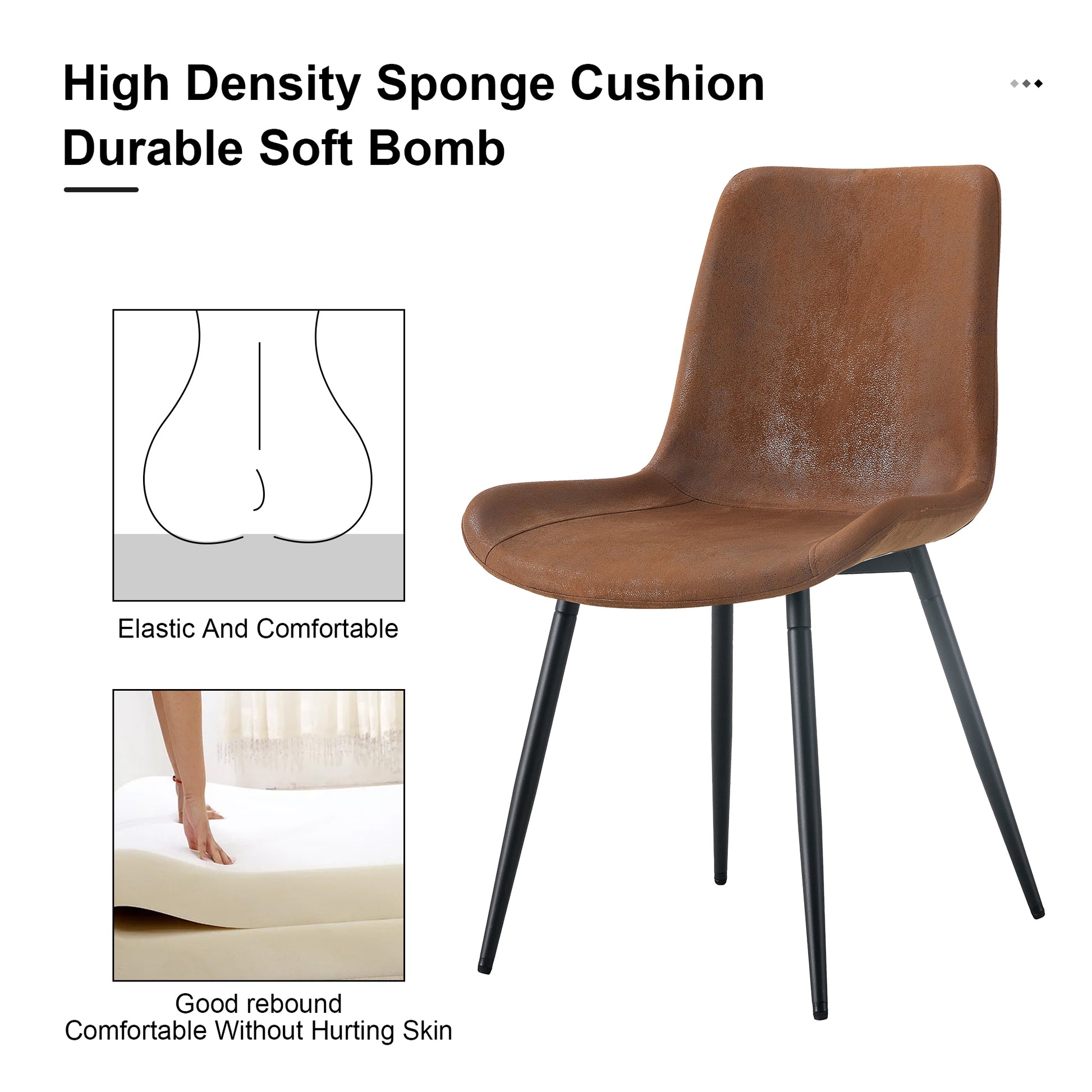 Brown Suede Backrest Cushion Dining Chair, Black Metal Legs, Curved Widened Cushion Design, More Comfortable, Suitable For Restaurants, Kitchens, Bedrooms, Offices. 6 Chairs 0502 Brown Suede