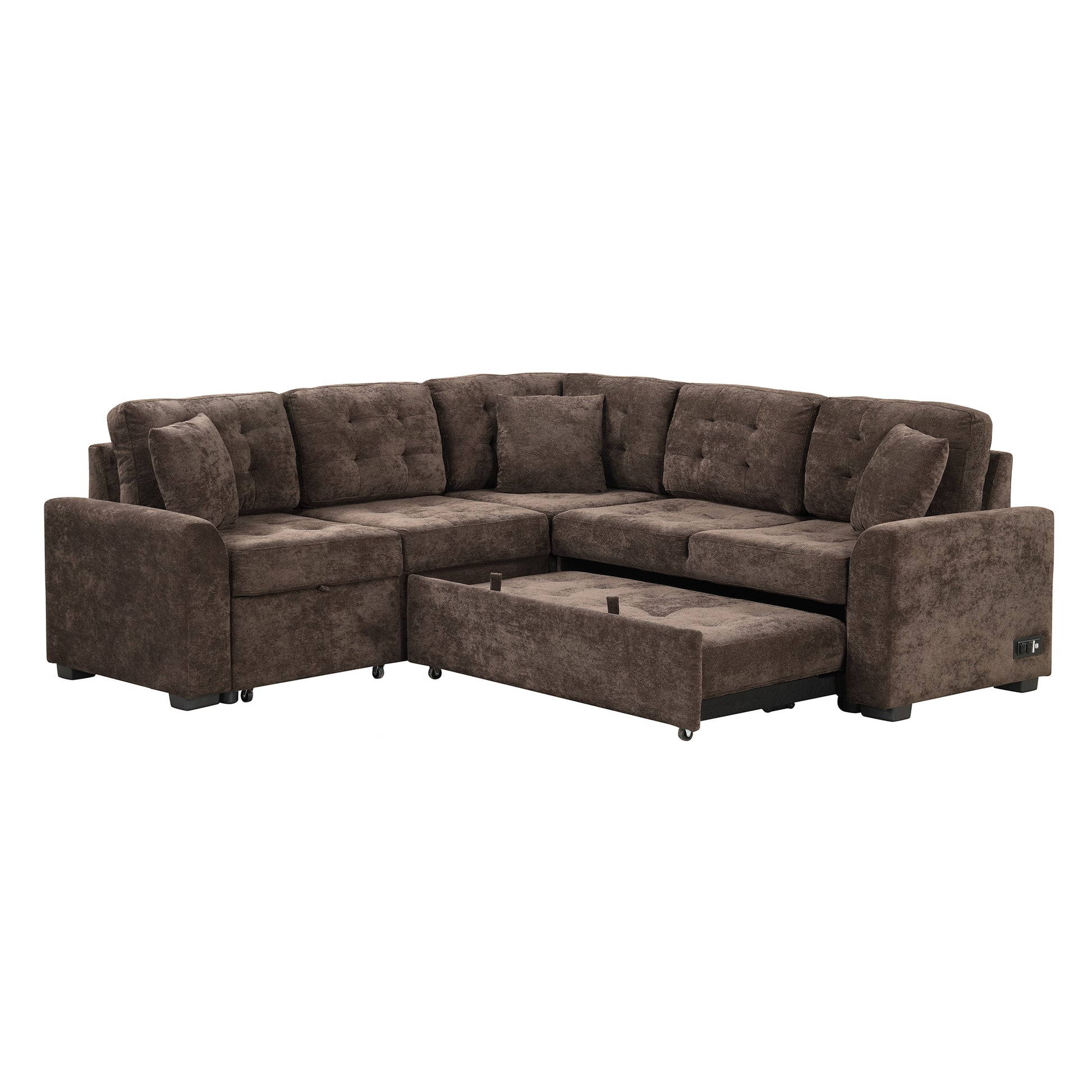 82.6" L Shape Sofa Bed Pull Out Sleeper Sofa With Wheels, Usb Ports, Power Sockets For Living Room, Brown Brown Foam Velvet