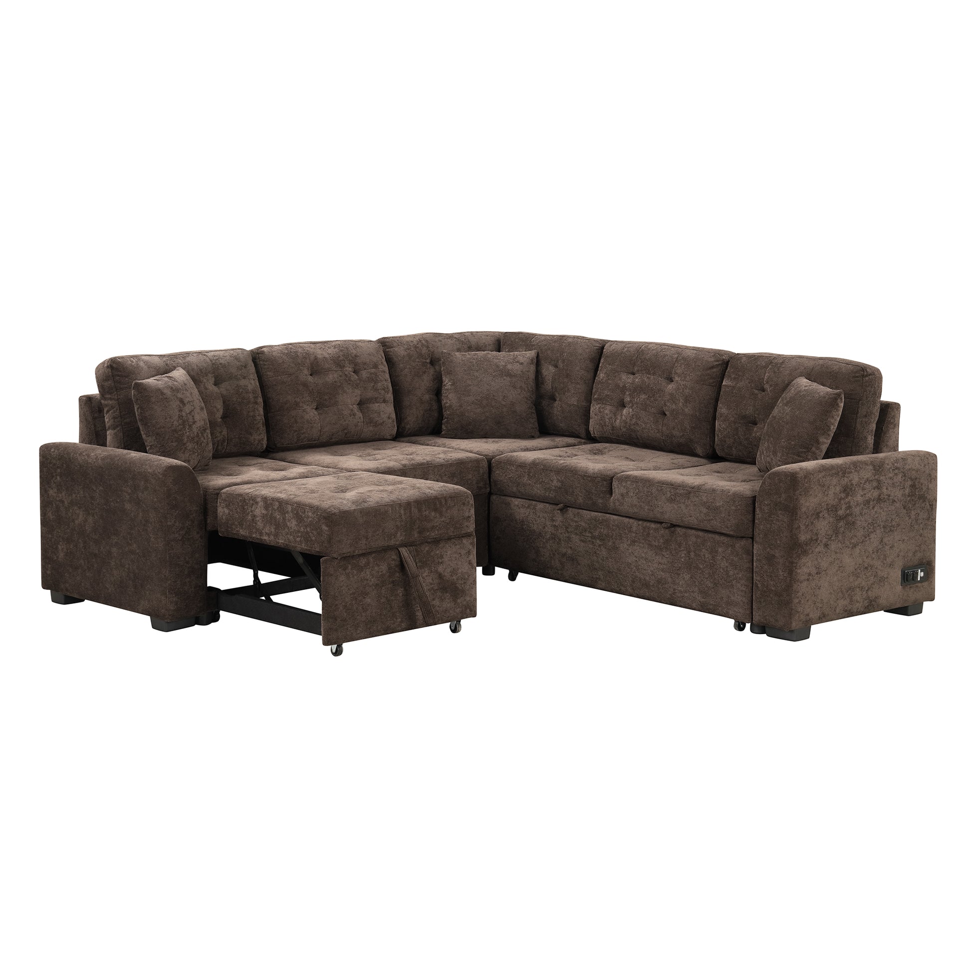 82.6" L Shape Sofa Bed Pull Out Sleeper Sofa With Wheels, Usb Ports, Power Sockets For Living Room, Brown Brown Foam Velvet