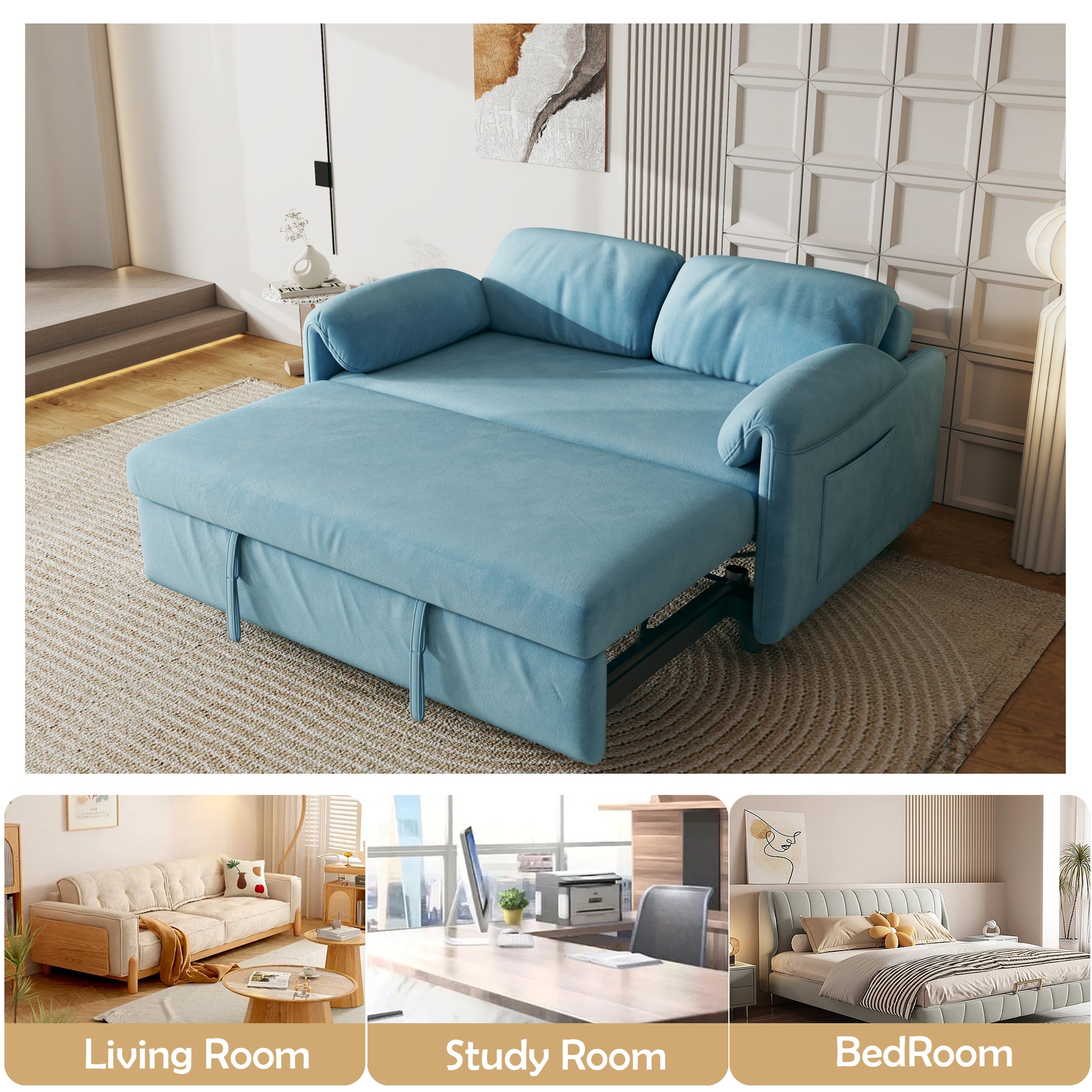 54 "Velvet Blue Sofa Sofa Bed Dual Purpose Living Room Retractable Bed Blue Velvet