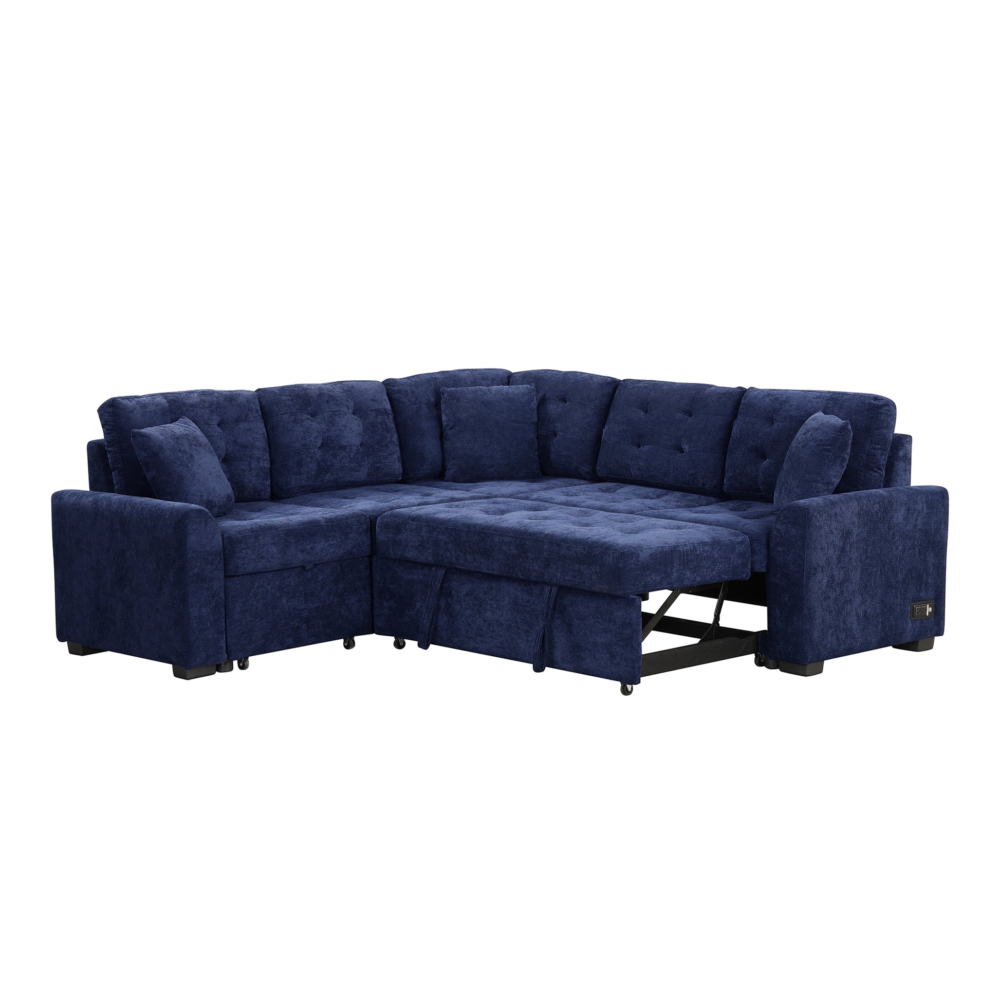 82.6" L Shape Sofa Bed Pull Out Sleeper Sofa With Wheels, Usb Ports, Power Sockets For Living Room, Navy Blue Navy Blue Foam Velvet