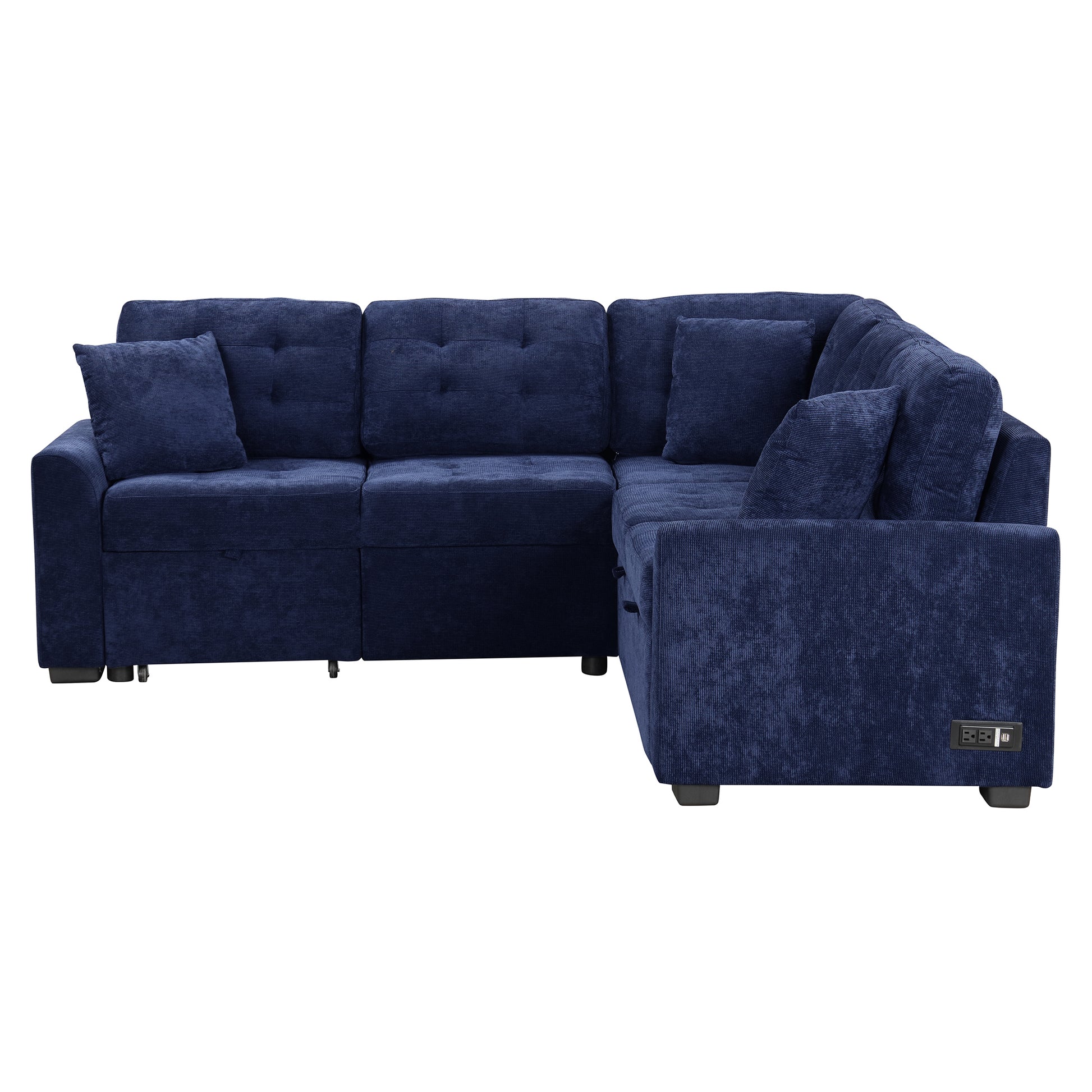 82.6" L Shape Sofa Bed Pull Out Sleeper Sofa With Wheels, Usb Ports, Power Sockets For Living Room, Navy Blue Navy Blue Foam Velvet