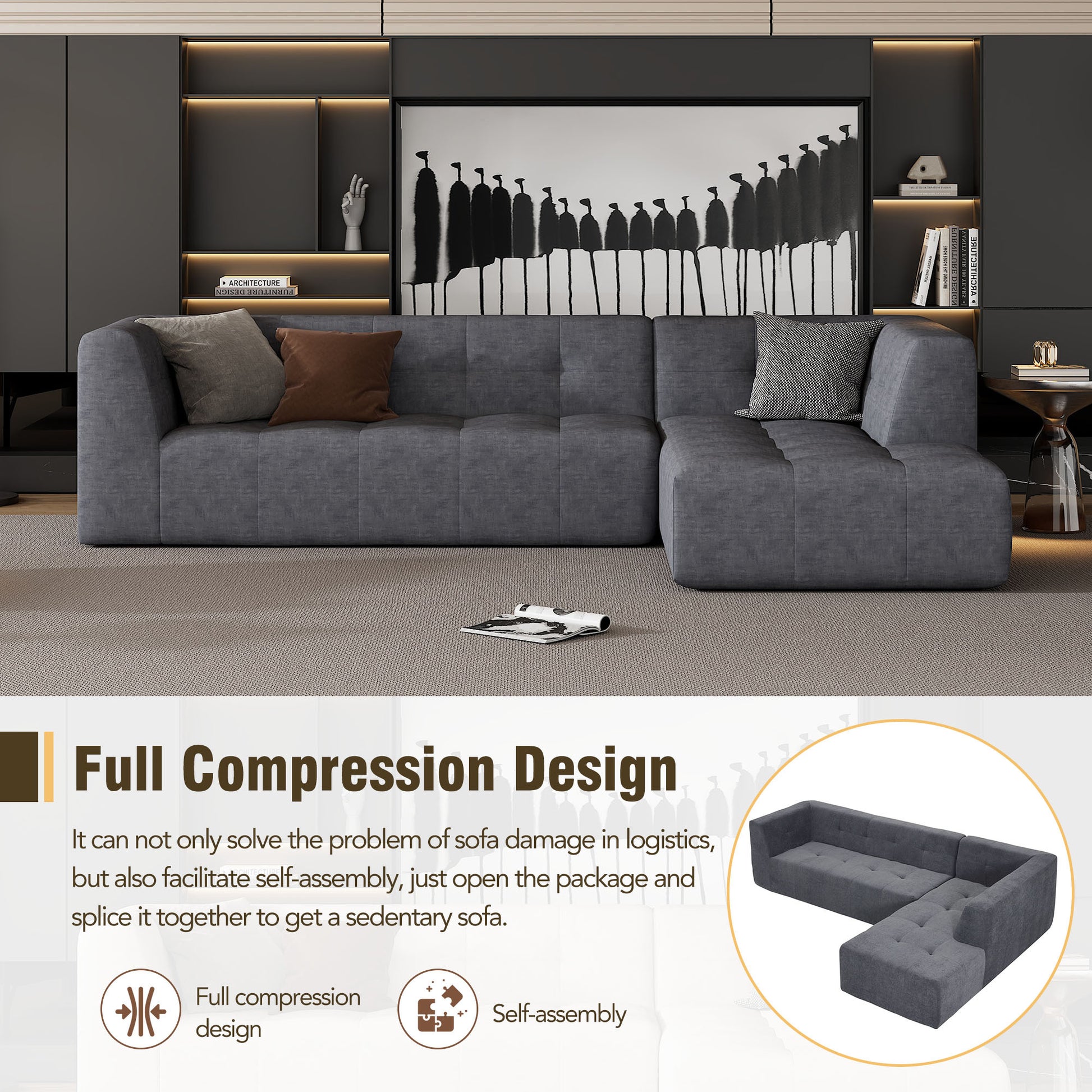 110.2*72.8" Modular Modular Combination Living Room Sofa Set, Modern Minimalist Sofa, Living Room Upholstered Sofa Bed, Bedroom, 3Pcs Computer Free Combination, L Shaped,Dark Grey Dark Grey Foam Chenille 3 Seat