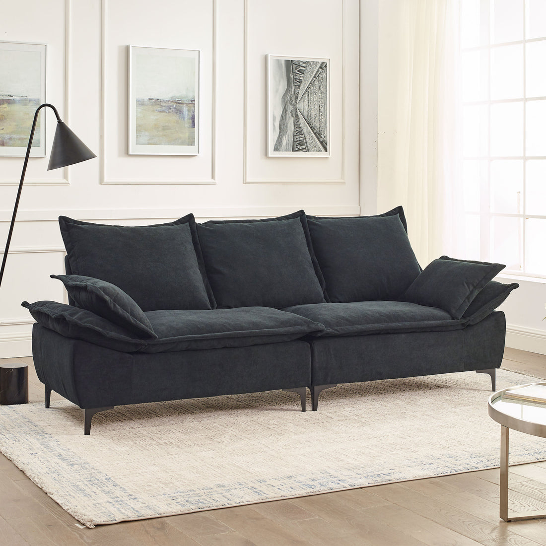 Video Mh" 88.5 Modern Sailboat Sofa Dutch Velvet 3 Seater Sofa With Two Pillows For Small Spaces In Living Rooms, Apartments Black Wood Primary Living Space Pine Foam Fabric 3 Seat