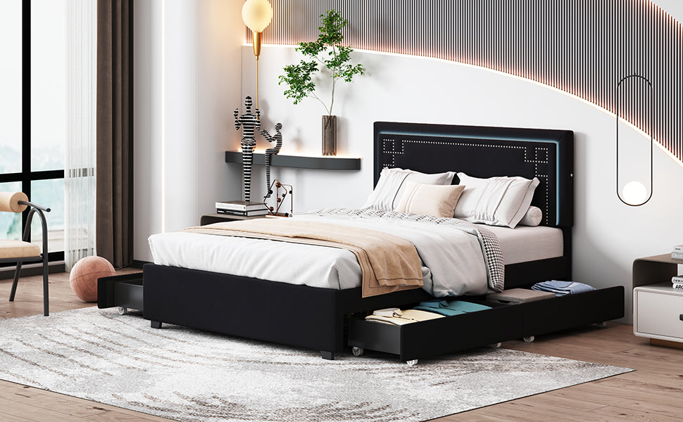 Queen Size Upholstered Platform Bed With Rivet Decorated Headboard, Led Bed Frame And 4 Drawers, Black Black Velvet