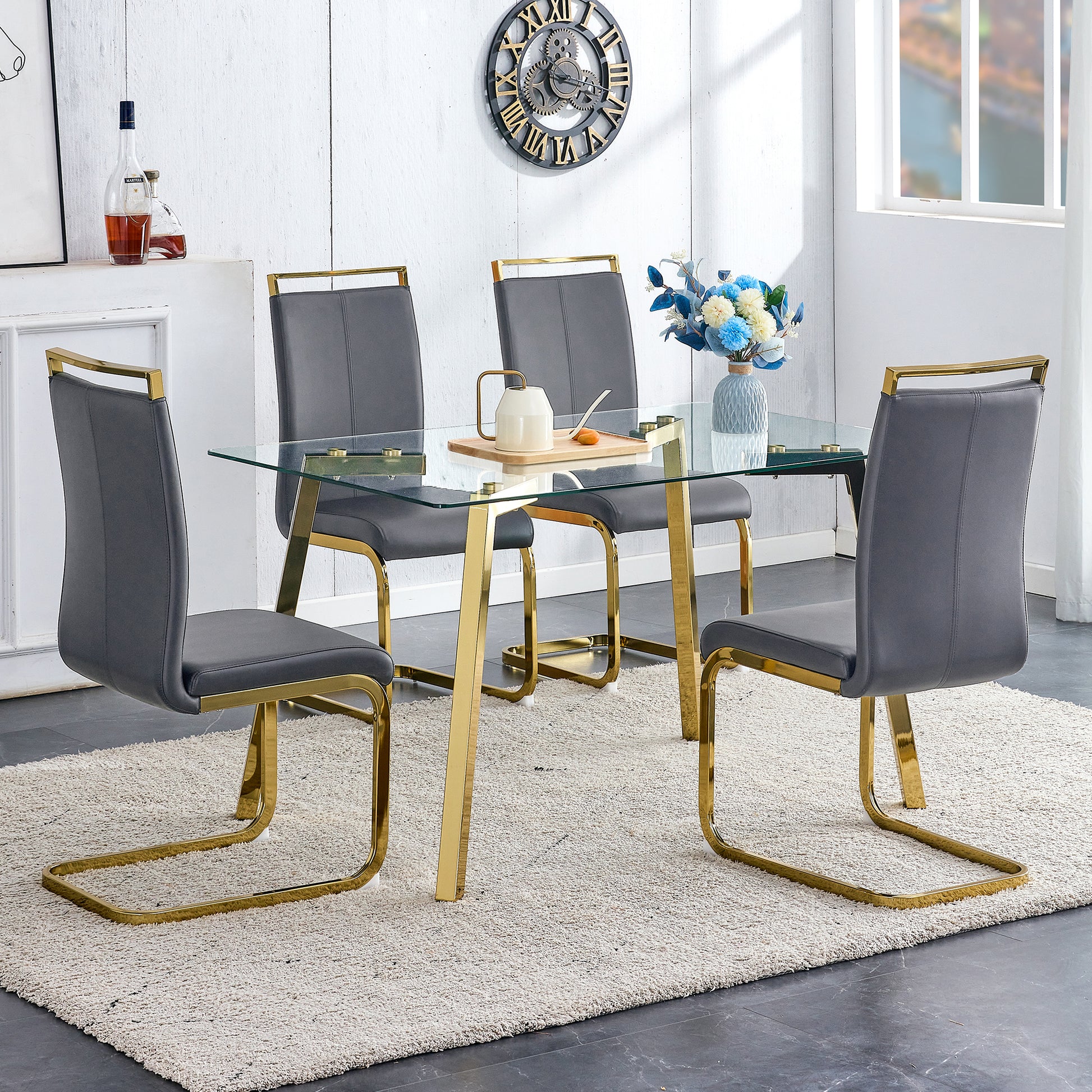 Modern Minimalist Style Rectangular Glass Dining Table With Tempered Glass Tabletop And Golden Metal Legs, Suitable For Kitchen, Dining Room, And Living Room, 51 " * 31.5 " * 29.5 "1123 Transparent Glass