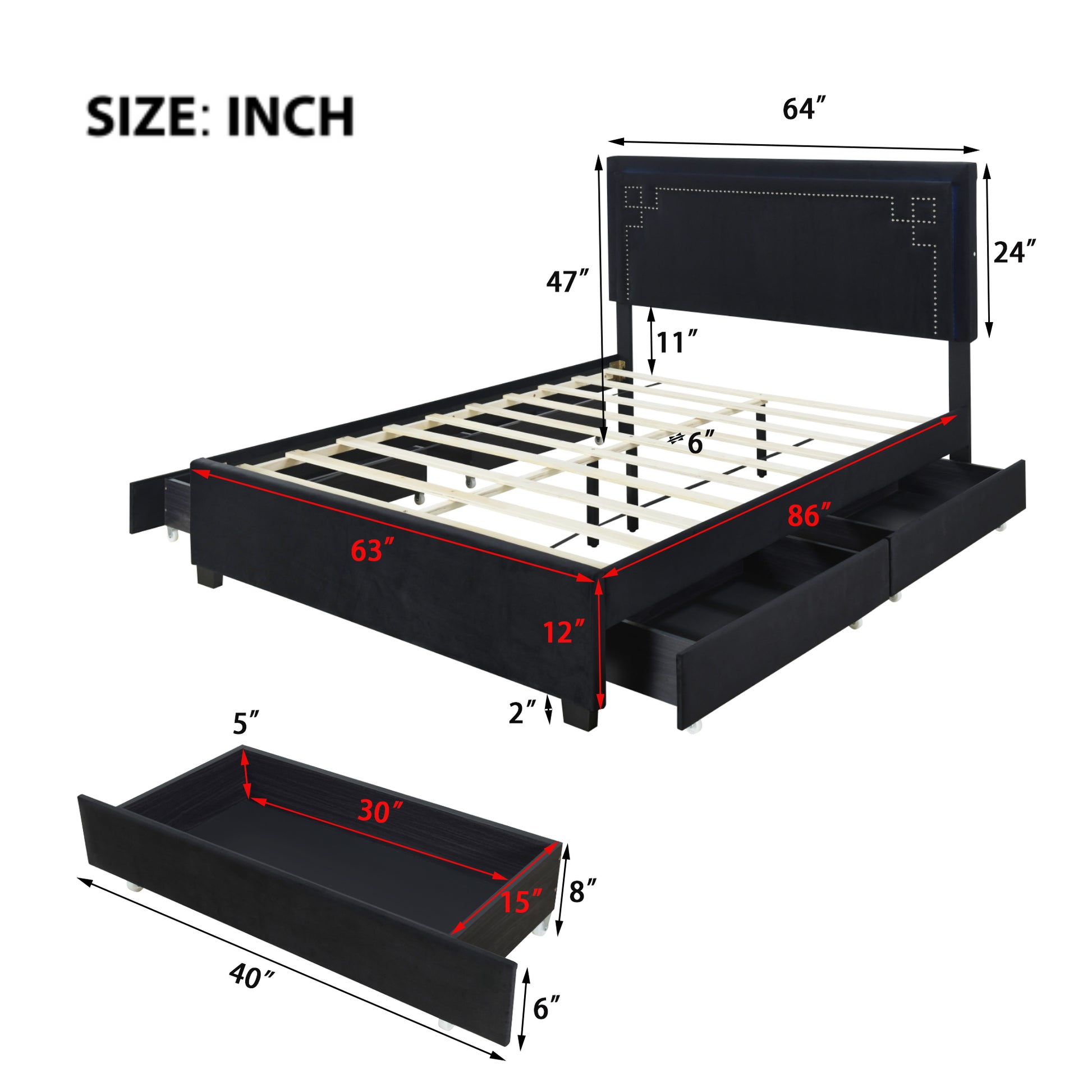 Queen Size Upholstered Platform Bed With Rivet Decorated Headboard, Led Bed Frame And 4 Drawers, Black Black Velvet