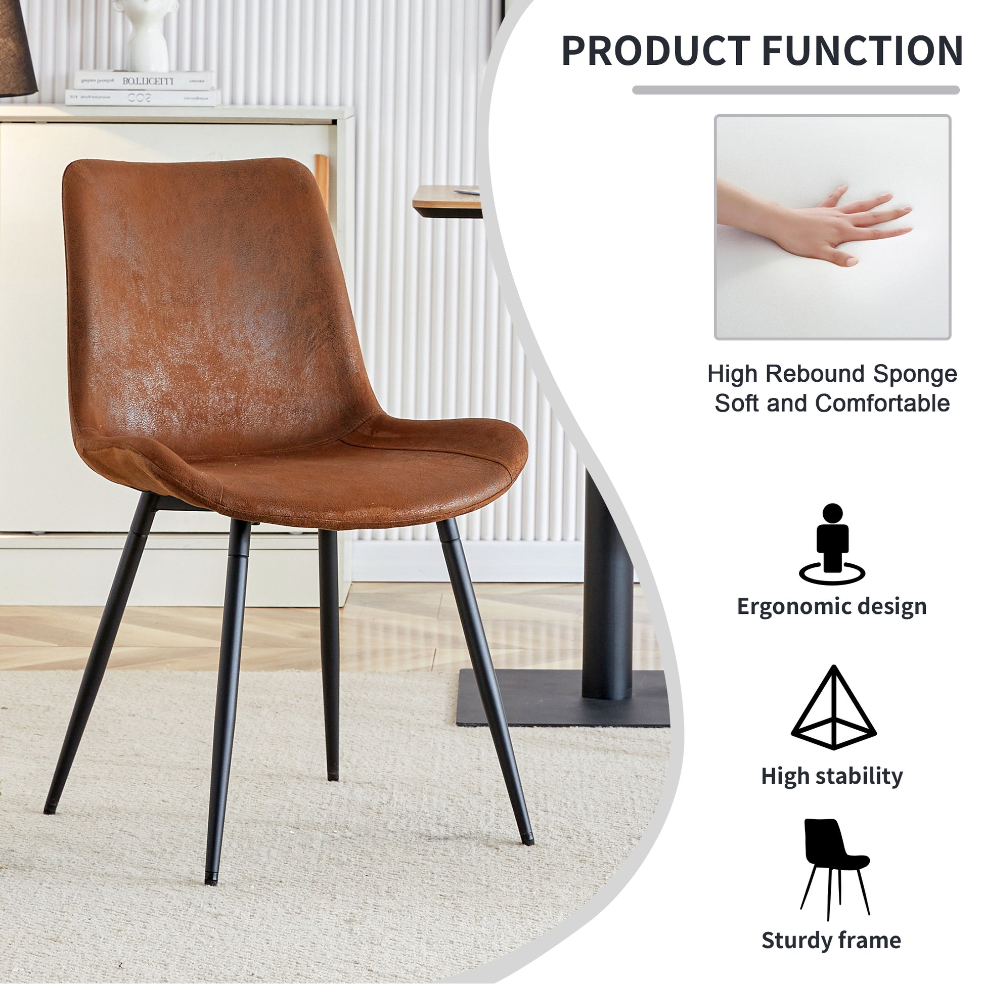 Brown Suede Backrest Cushion Dining Chair, Black Metal Legs, Curved Widened Cushion Design, More Comfortable, Suitable For Restaurants, Kitchens, Bedrooms, Offices. 6 Chairs 0502 Brown Suede