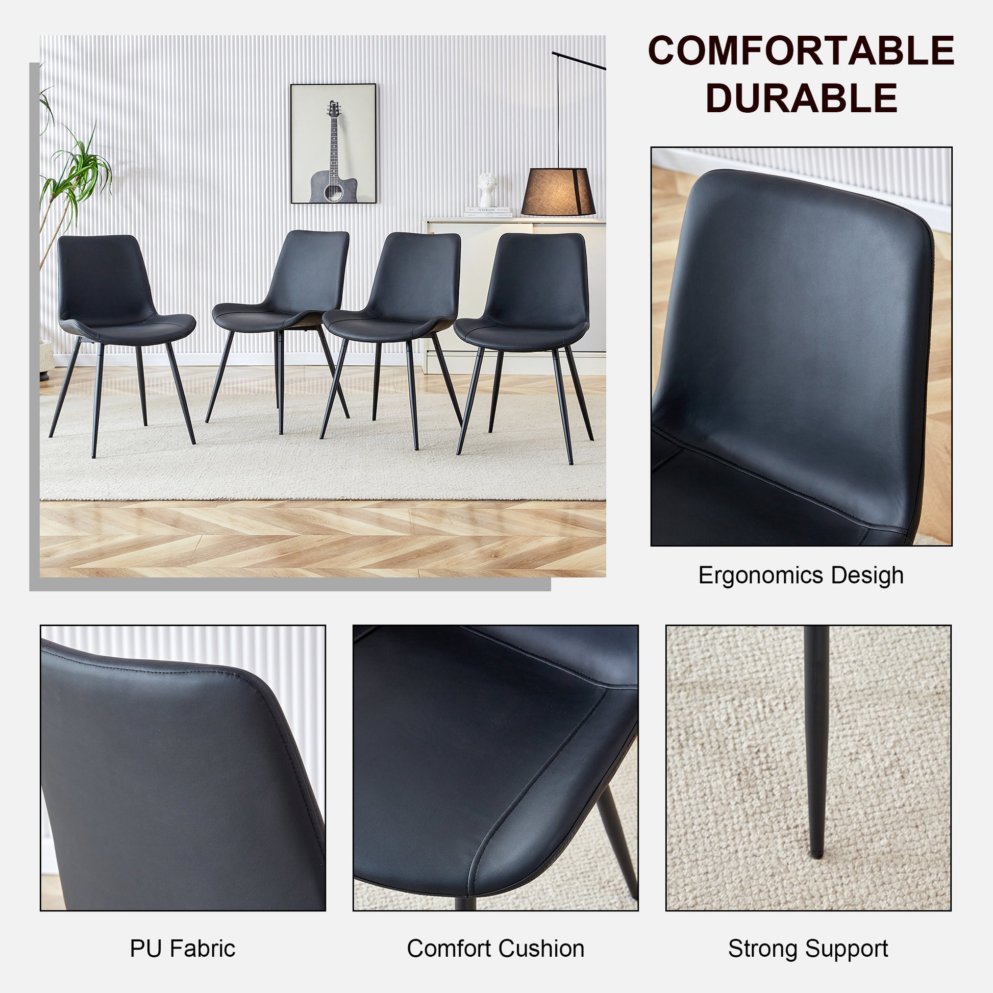 Black Artificial Leather Backrest Cushion Dining Chair, Black Metal Legs, Curved Widened Cushion Design For More Comfort, Suitable For Restaurants, Kitchens, Bedrooms, Offices. 6 Chairs 0502 Black Faux Leather