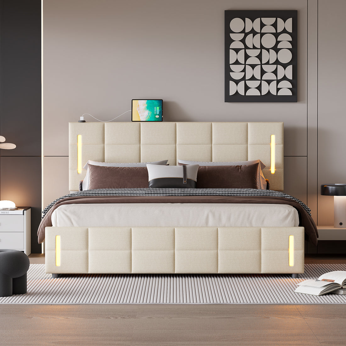 Queen Size Upholstered Bed With Hydraulic Storage System And Led Light, Beige Queen Beige Linen