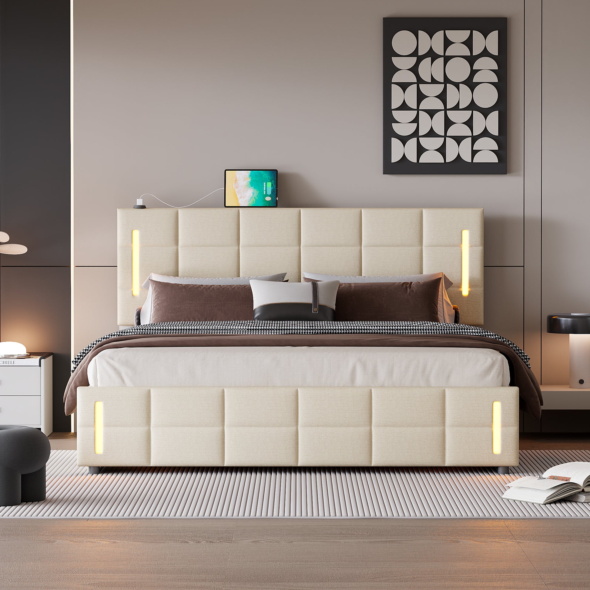 Queen Size Upholstered Bed With Hydraulic Storage System And Led Light, Beige Queen Beige Linen