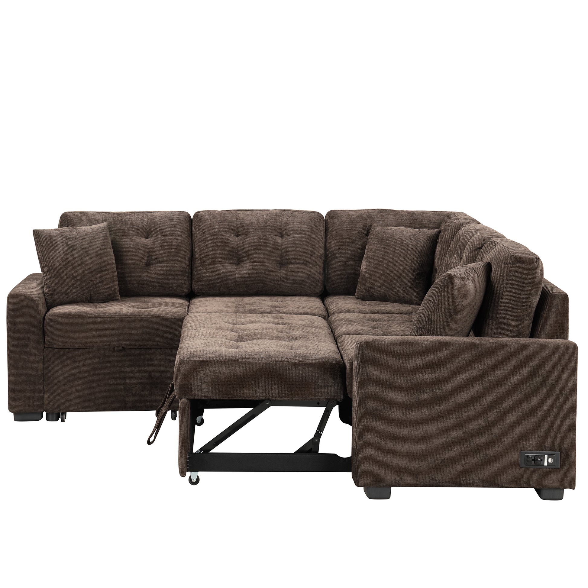 82.6" L Shape Sofa Bed Pull Out Sleeper Sofa With Wheels, Usb Ports, Power Sockets For Living Room, Brown Brown Foam Velvet