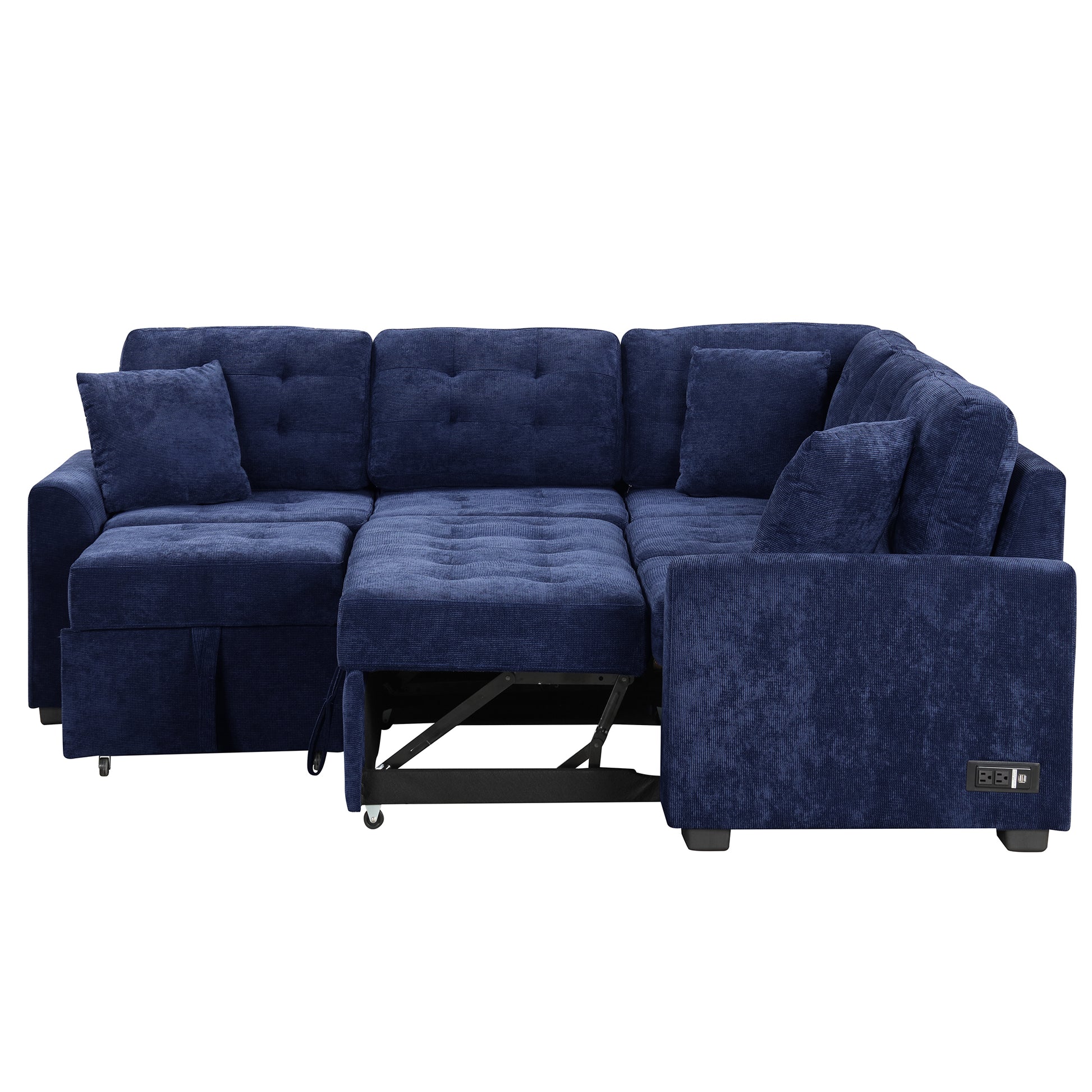 82.6" L Shape Sofa Bed Pull Out Sleeper Sofa With Wheels, Usb Ports, Power Sockets For Living Room, Navy Blue Navy Blue Foam Velvet