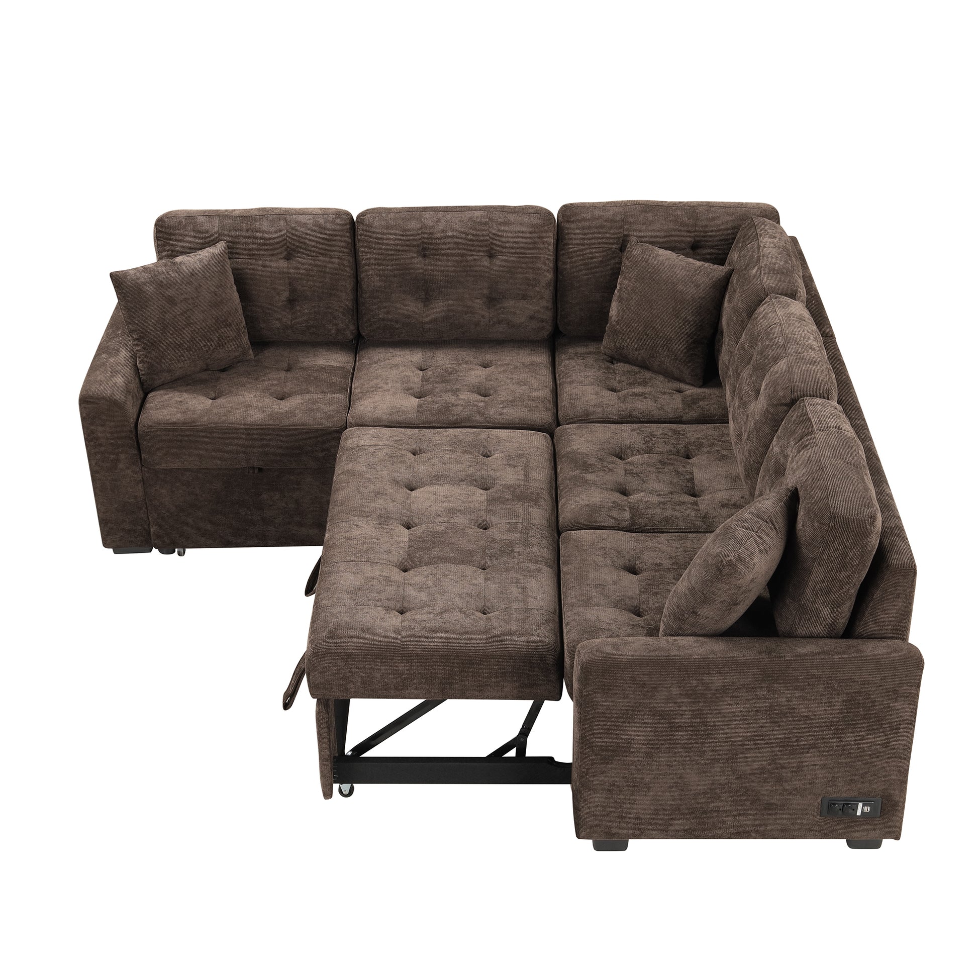 82.6" L Shape Sofa Bed Pull Out Sleeper Sofa With Wheels, Usb Ports, Power Sockets For Living Room, Brown Brown Foam Velvet