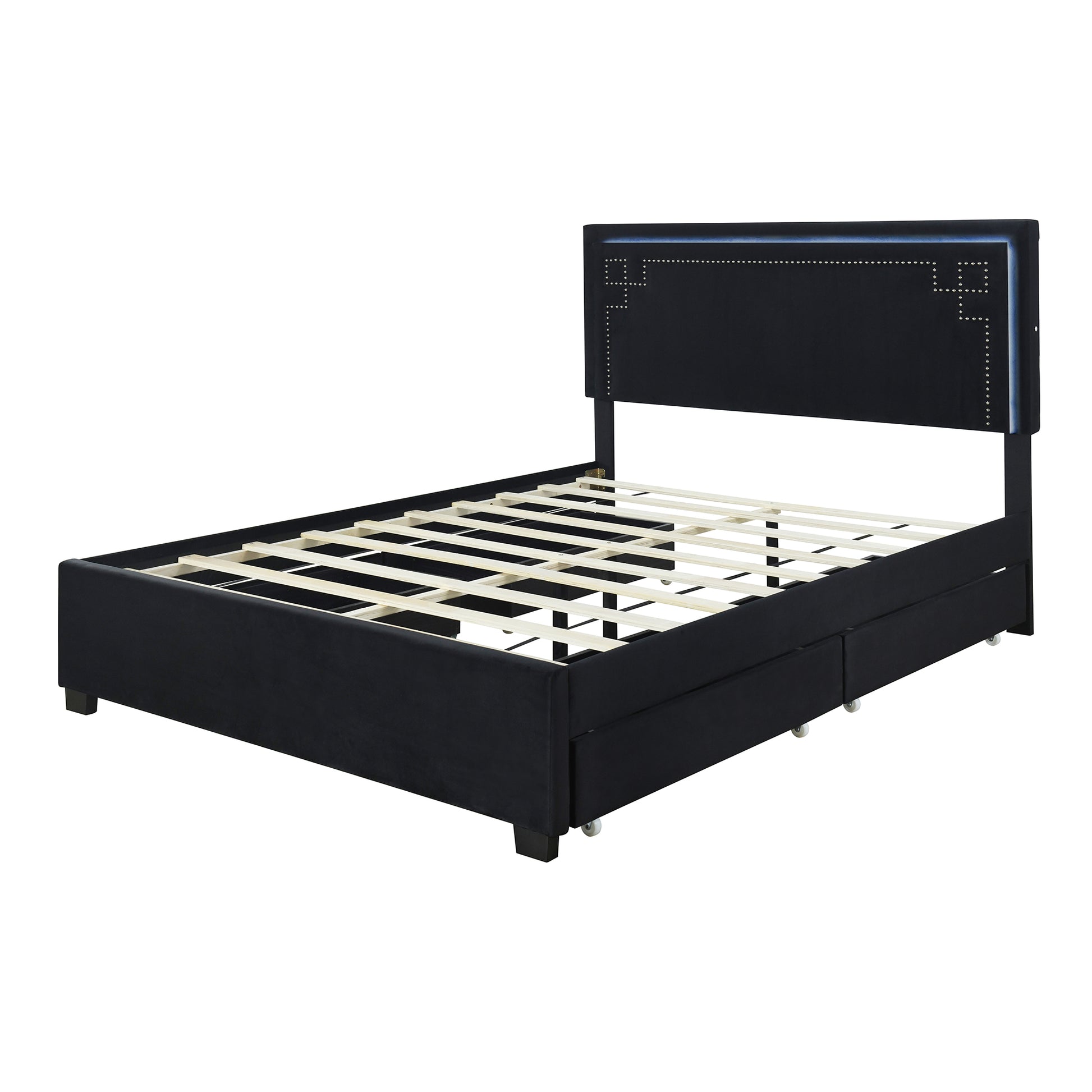 Queen Size Upholstered Platform Bed With Rivet Decorated Headboard, Led Bed Frame And 4 Drawers, Black Black Velvet