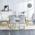 Modern Minimalist Style Rectangular Glass Dining Table With Tempered Glass Tabletop And Golden Metal Legs, Suitable For Kitchen, Dining Room, And Living Room, 63 Inches * 35.4 Inches * 30 Inches