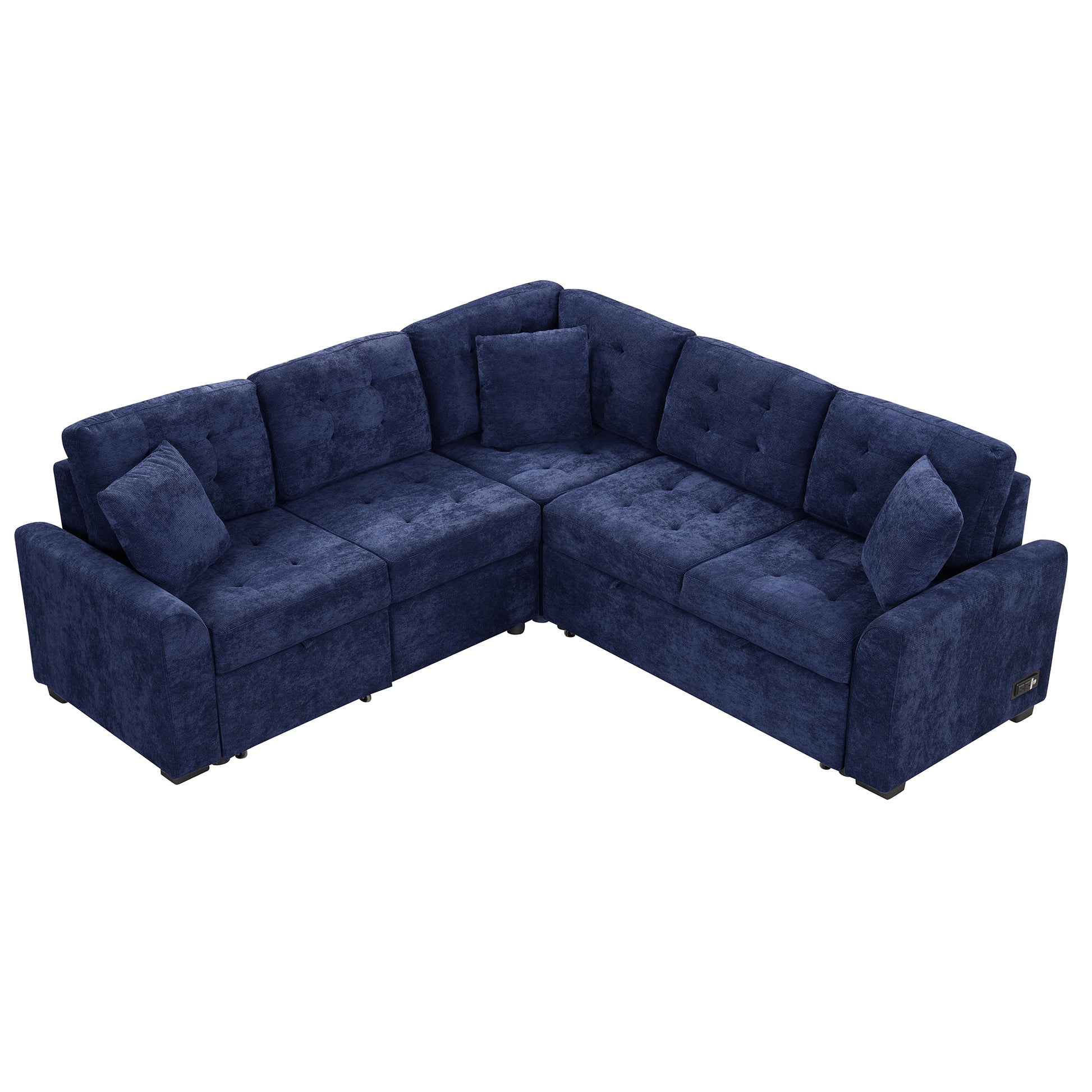 82.6" L Shape Sofa Bed Pull Out Sleeper Sofa With Wheels, Usb Ports, Power Sockets For Living Room, Navy Blue Navy Blue Foam Velvet