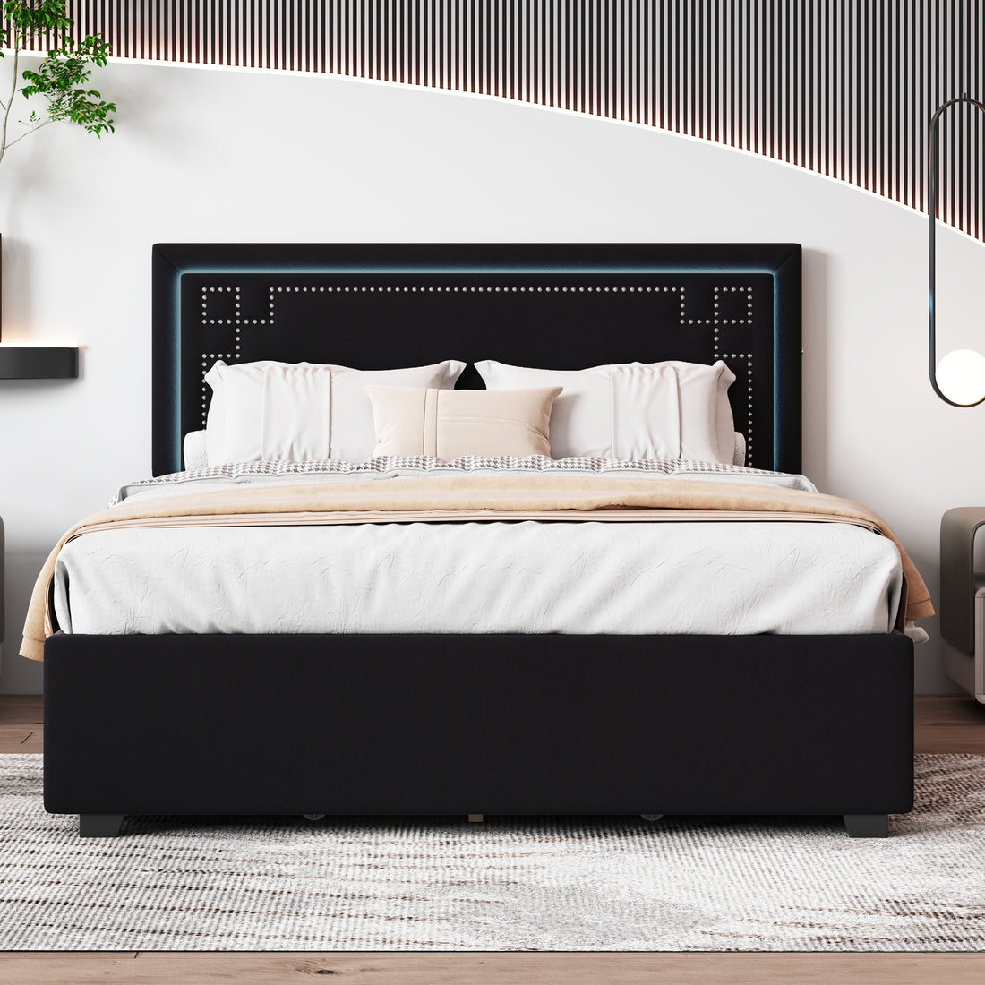 Queen Size Upholstered Platform Bed With Rivet Decorated Headboard, Led Bed Frame And 4 Drawers, Black Black Velvet