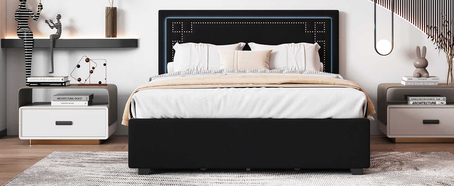 Queen Size Upholstered Platform Bed With Rivet Decorated Headboard, Led Bed Frame And 4 Drawers, Black Black Velvet