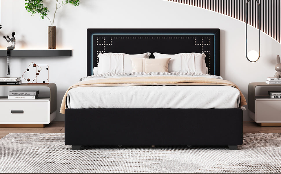 Queen Size Upholstered Platform Bed With Rivet Decorated Headboard, Led Bed Frame And 4 Drawers, Black Black Velvet