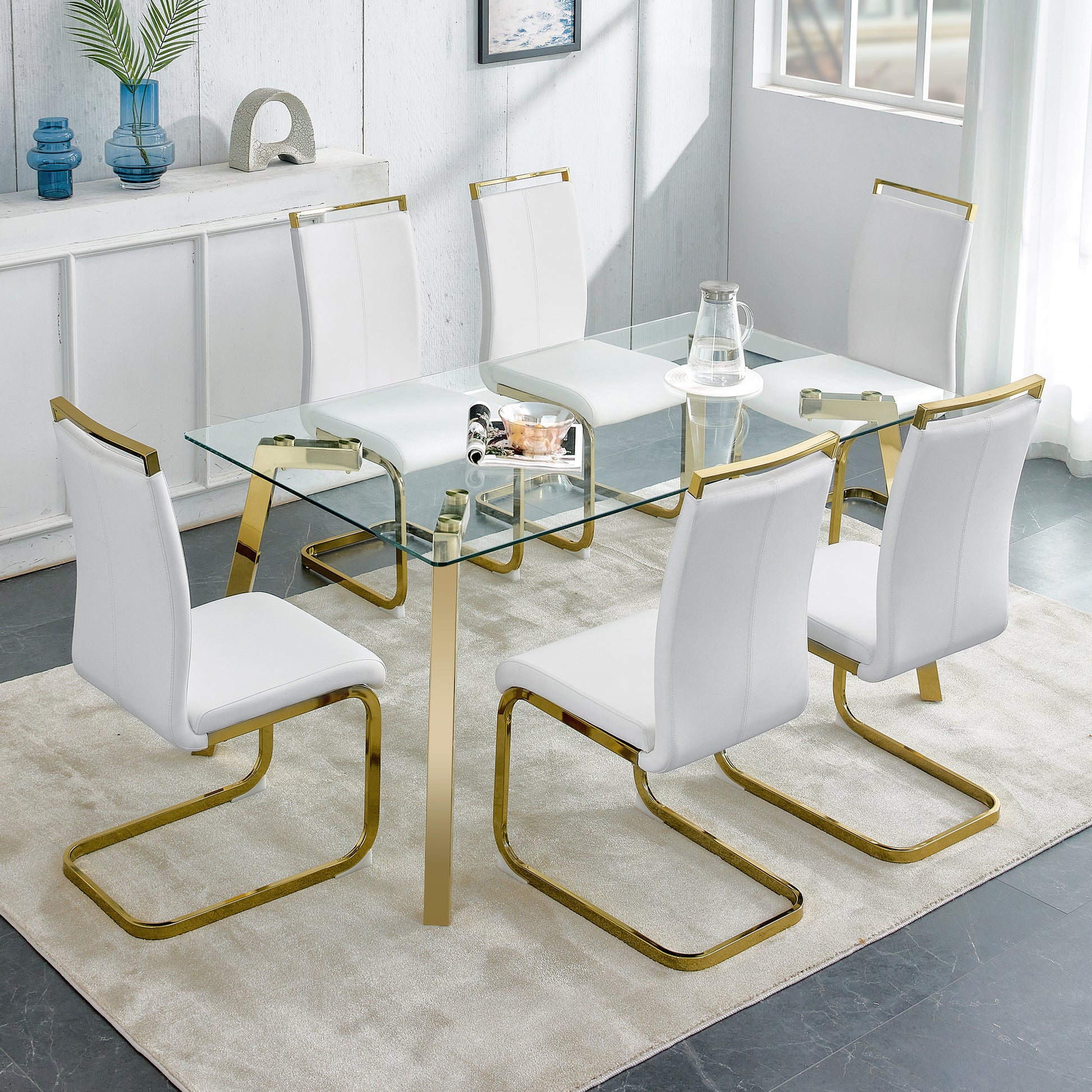 Modern Minimalist Style Rectangular Glass Dining Table With Tempered Glass Tabletop And Golden Metal Legs, Suitable For Kitchen, Dining Room, And Living Room, 63 Inches * 35.4 Inches * 30 Inches