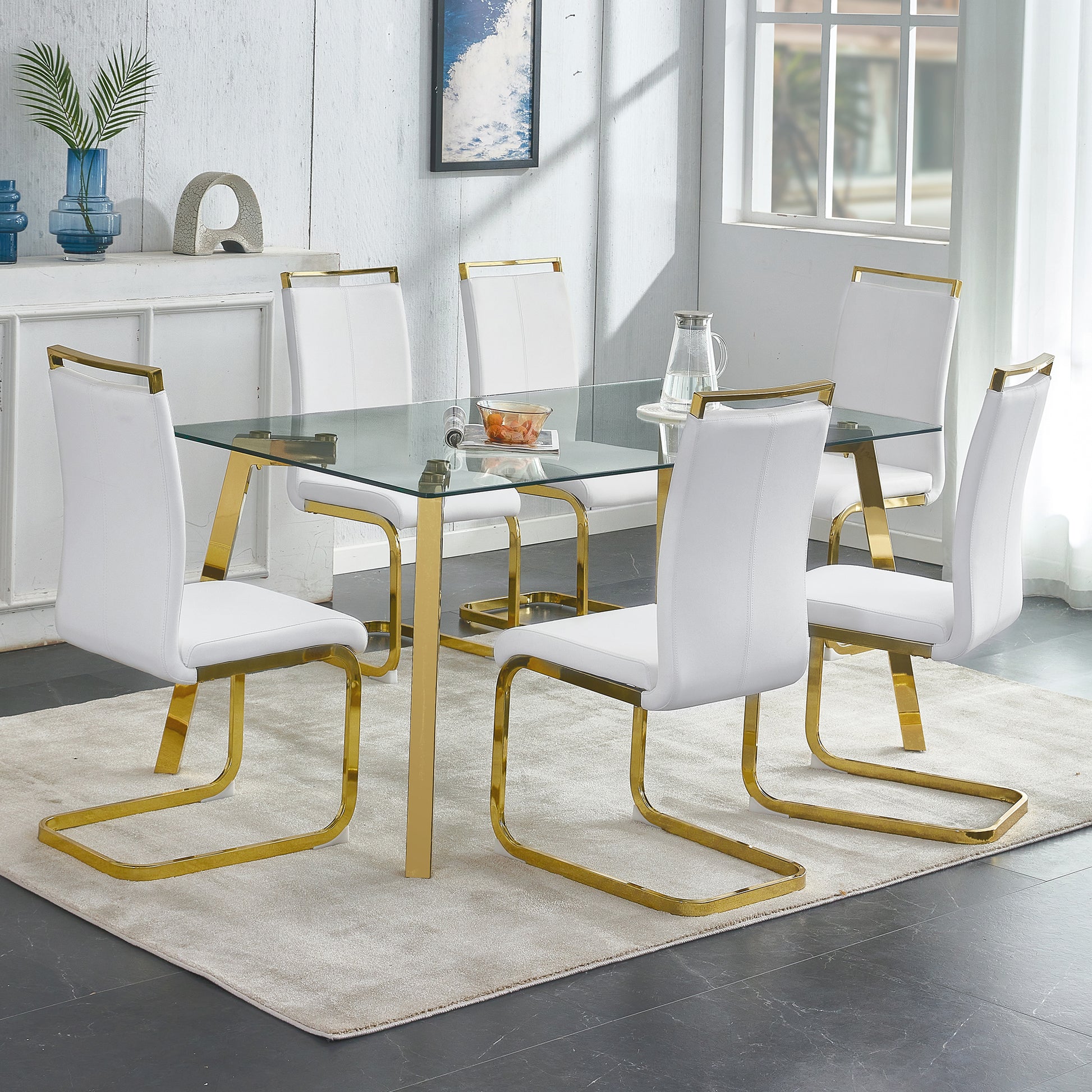 Modern Minimalist Style Rectangular Glass Dining Table With Tempered Glass Tabletop And Golden Metal Legs, Suitable For Kitchen, Dining Room, And Living Room, 63 Inches * 35.4 Inches * 30 Inches