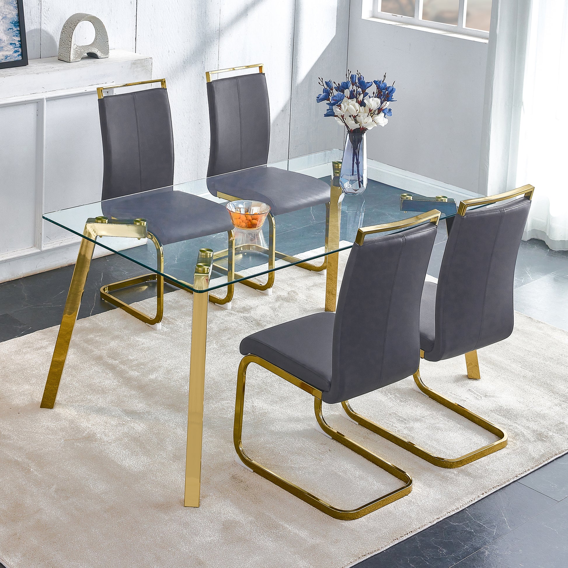 Modern Minimalist Style Rectangular Glass Dining Table With Tempered Glass Tabletop And Golden Metal Legs, Suitable For Kitchen, Dining Room, And Living Room, 63 Inches * 35.4 Inches * 30 Inches