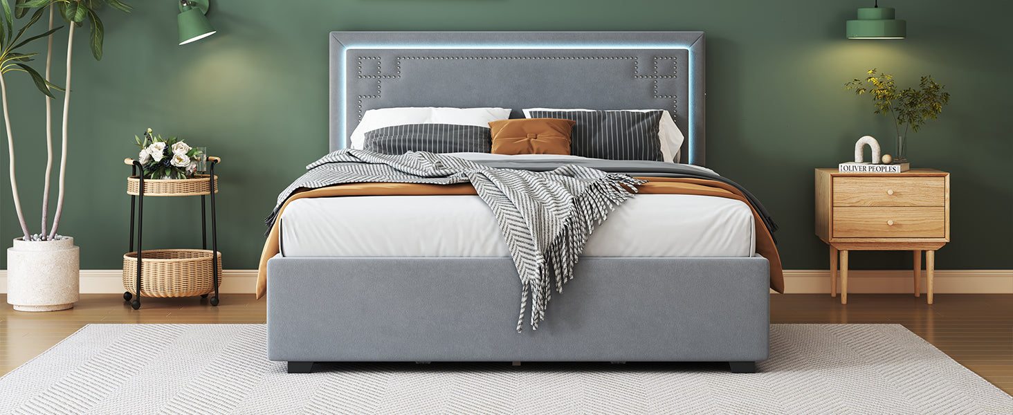 Queen Size Upholstered Platform Bed With Rivet Decorated Headboard, Led Bed Frame And 4 Drawers, Gray Gray Velvet