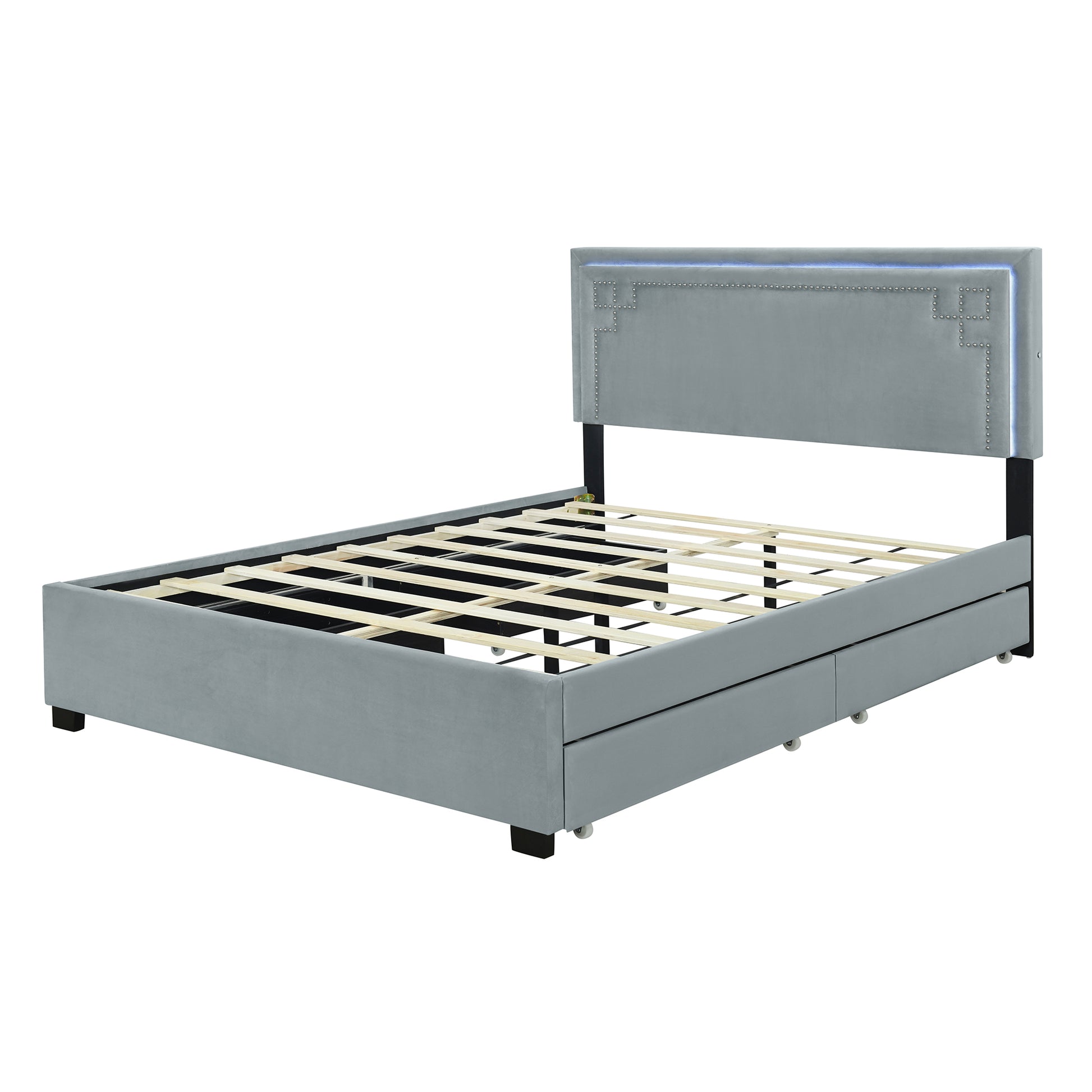 Queen Size Upholstered Platform Bed With Rivet Decorated Headboard, Led Bed Frame And 4 Drawers, Gray Gray Velvet