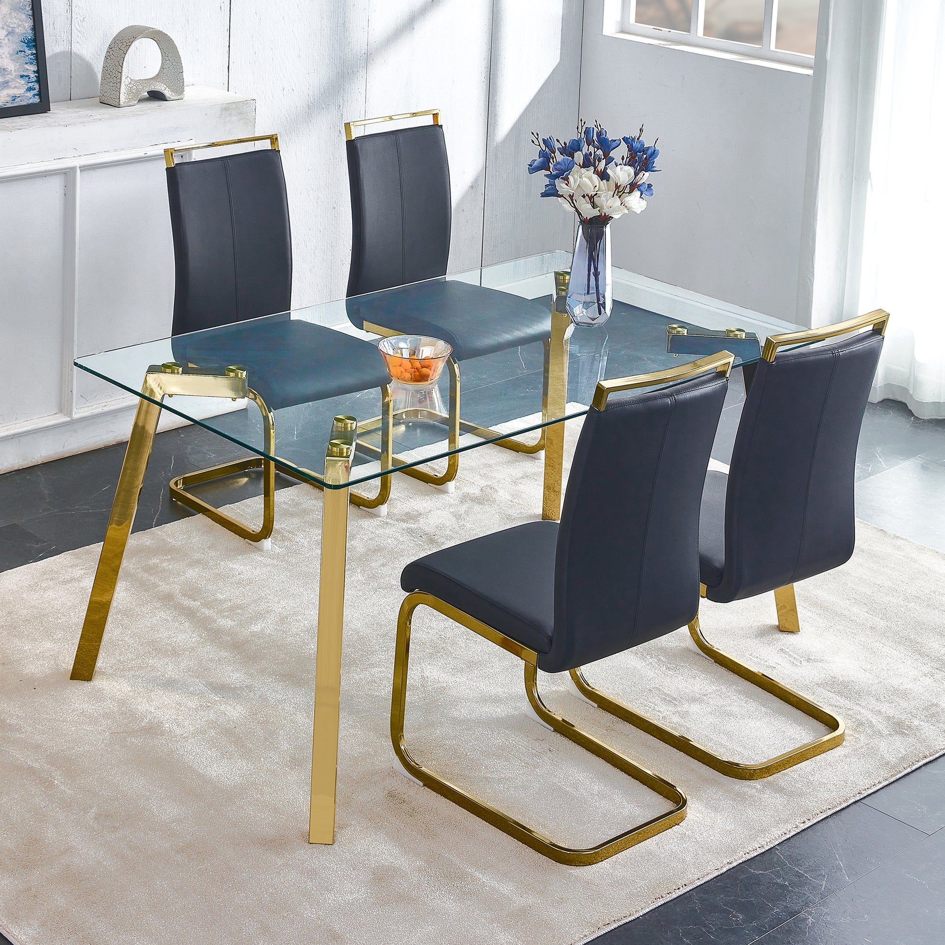 Modern Minimalist Style Rectangular Glass Dining Table With Tempered Glass Tabletop And Golden Metal Legs, Suitable For Kitchen, Dining Room, And Living Room, 63 Inches * 35.4 Inches * 30 Inches