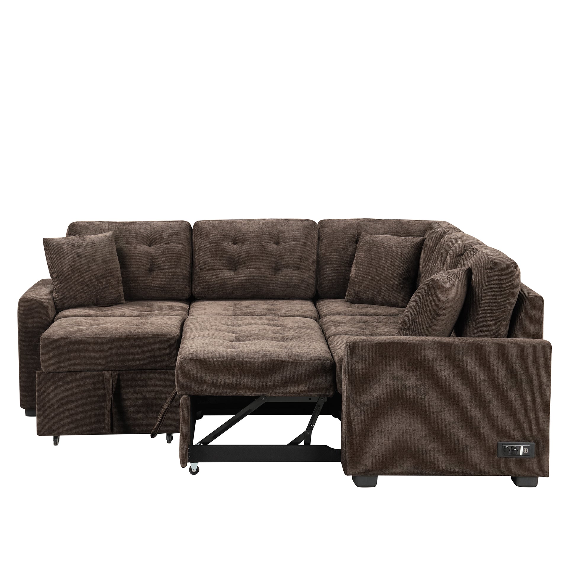 82.6" L Shape Sofa Bed Pull Out Sleeper Sofa With Wheels, Usb Ports, Power Sockets For Living Room, Brown Brown Foam Velvet