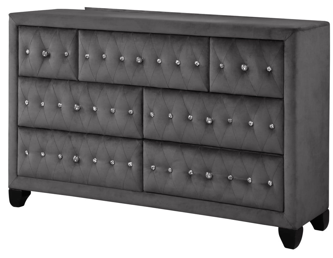 Sophia Modern Style Crystal Tufted Upholstery 7 Drawer Dresser Finished With Velvet Fabric Made With Wood In Gray Gray Bedroom Contemporary,Modern Acacia Solid Wood Mdf Wood