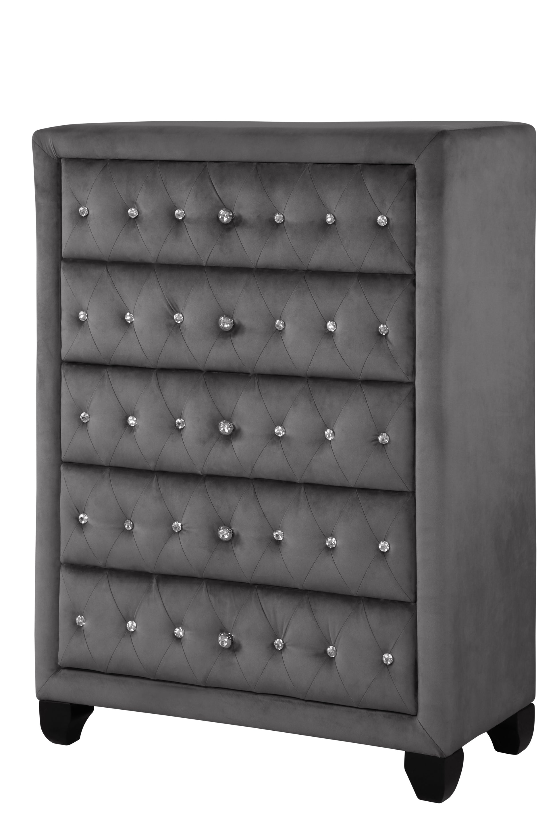 Sophia Modern Style Crystal Tufted Upholstery 5 Drawer Chest Finished With Velvet Fabric Made With Wood In Gray Gray Bedroom Contemporary,Modern Acacia Solid Wood Mdf Wood