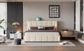 Queen Size Upholstered Bed With Hydraulic Storage System And Led Light, Beige Queen Beige Linen