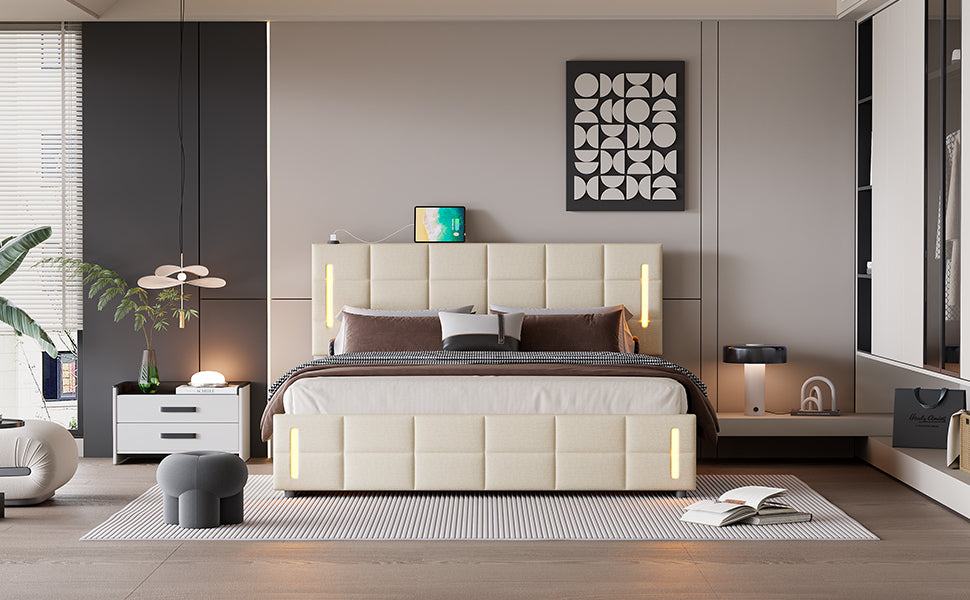 Queen Size Upholstered Bed With Hydraulic Storage System And Led Light, Beige Queen Beige Linen