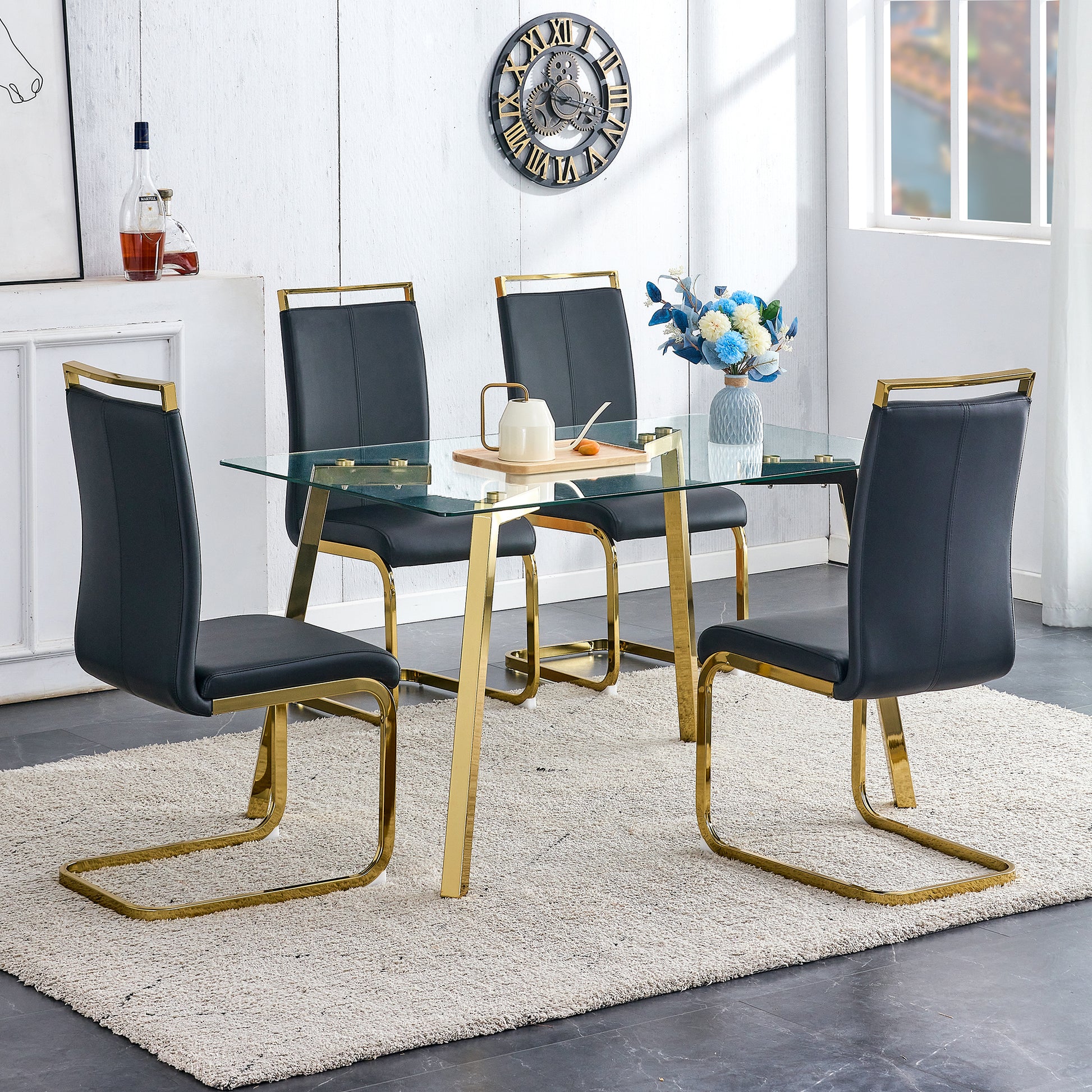 Modern Minimalist Style Rectangular Glass Dining Table With Tempered Glass Tabletop And Golden Metal Legs, Suitable For Kitchen, Dining Room, And Living Room, 51 " * 31.5 " * 29.5 "1123 Transparent Glass