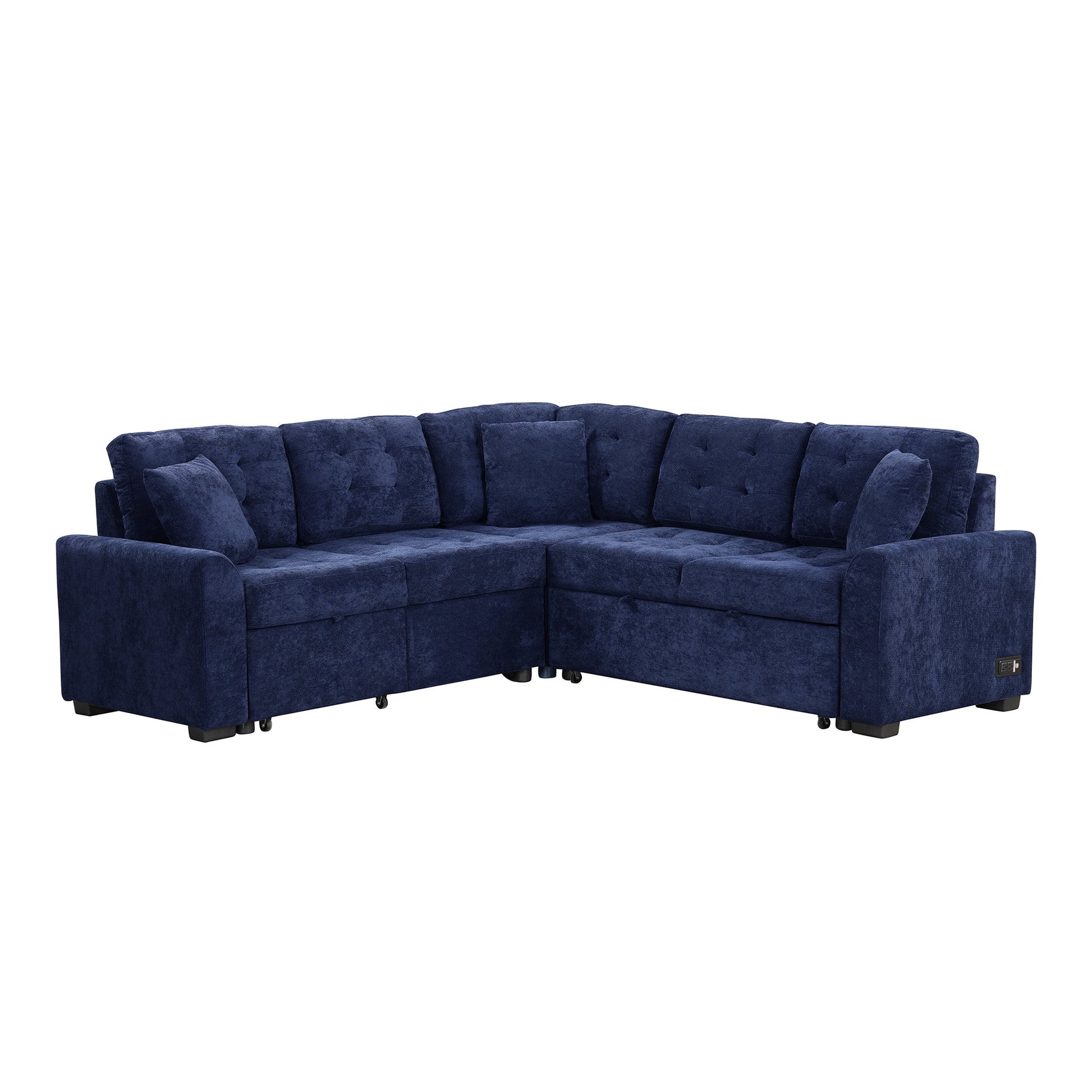 82.6" L Shape Sofa Bed Pull Out Sleeper Sofa With Wheels, Usb Ports, Power Sockets For Living Room, Navy Blue Navy Blue Foam Velvet