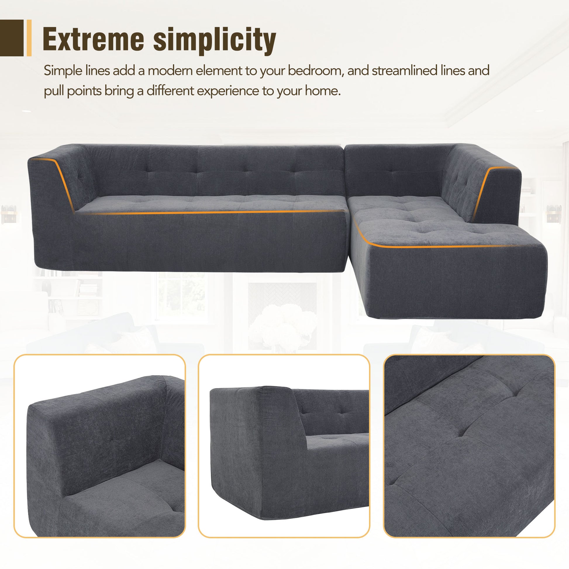 110.2*72.8" Modular Modular Combination Living Room Sofa Set, Modern Minimalist Sofa, Living Room Upholstered Sofa Bed, Bedroom, 3Pcs Computer Free Combination, L Shaped,Dark Grey Dark Grey Foam Chenille 3 Seat