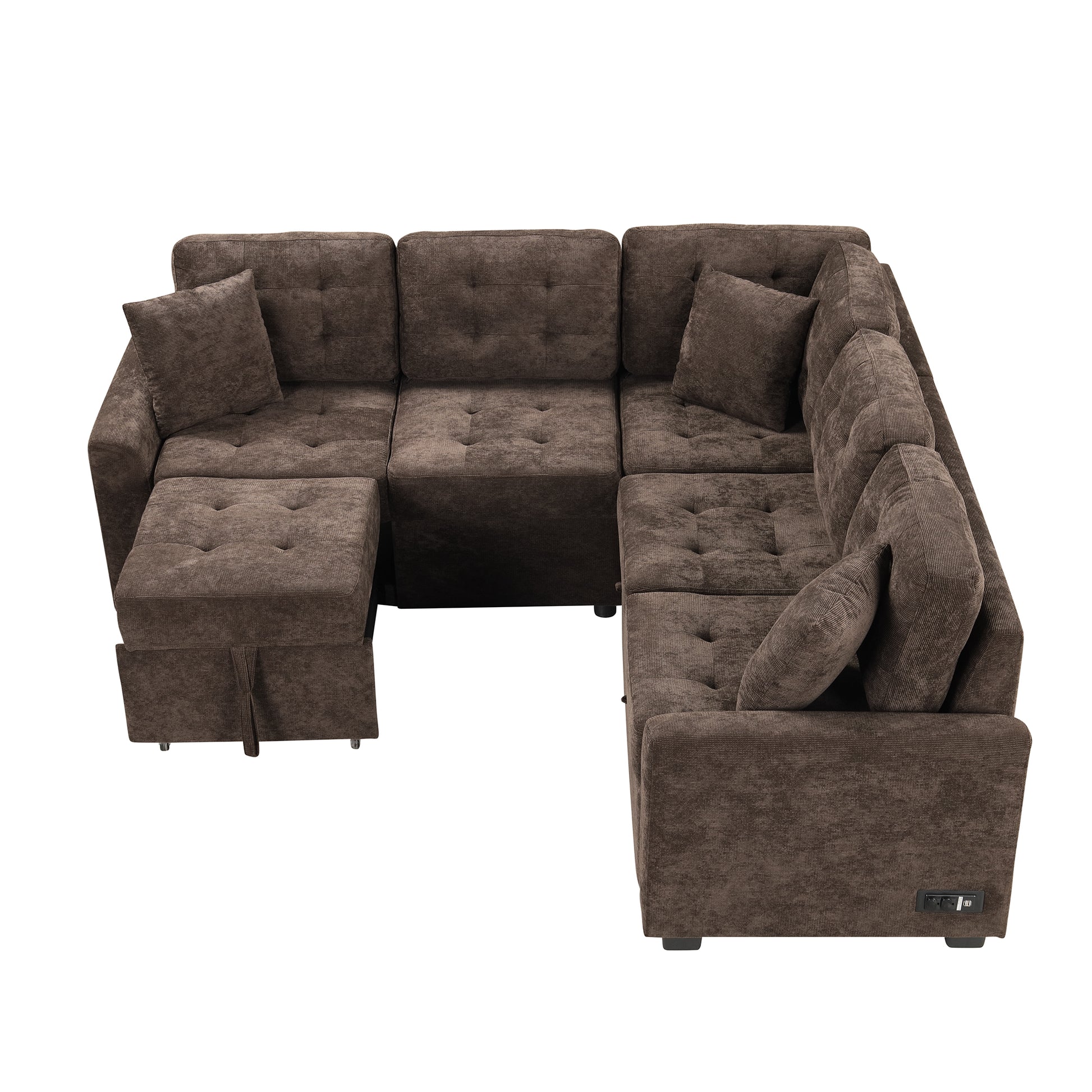 82.6" L Shape Sofa Bed Pull Out Sleeper Sofa With Wheels, Usb Ports, Power Sockets For Living Room, Brown Brown Foam Velvet