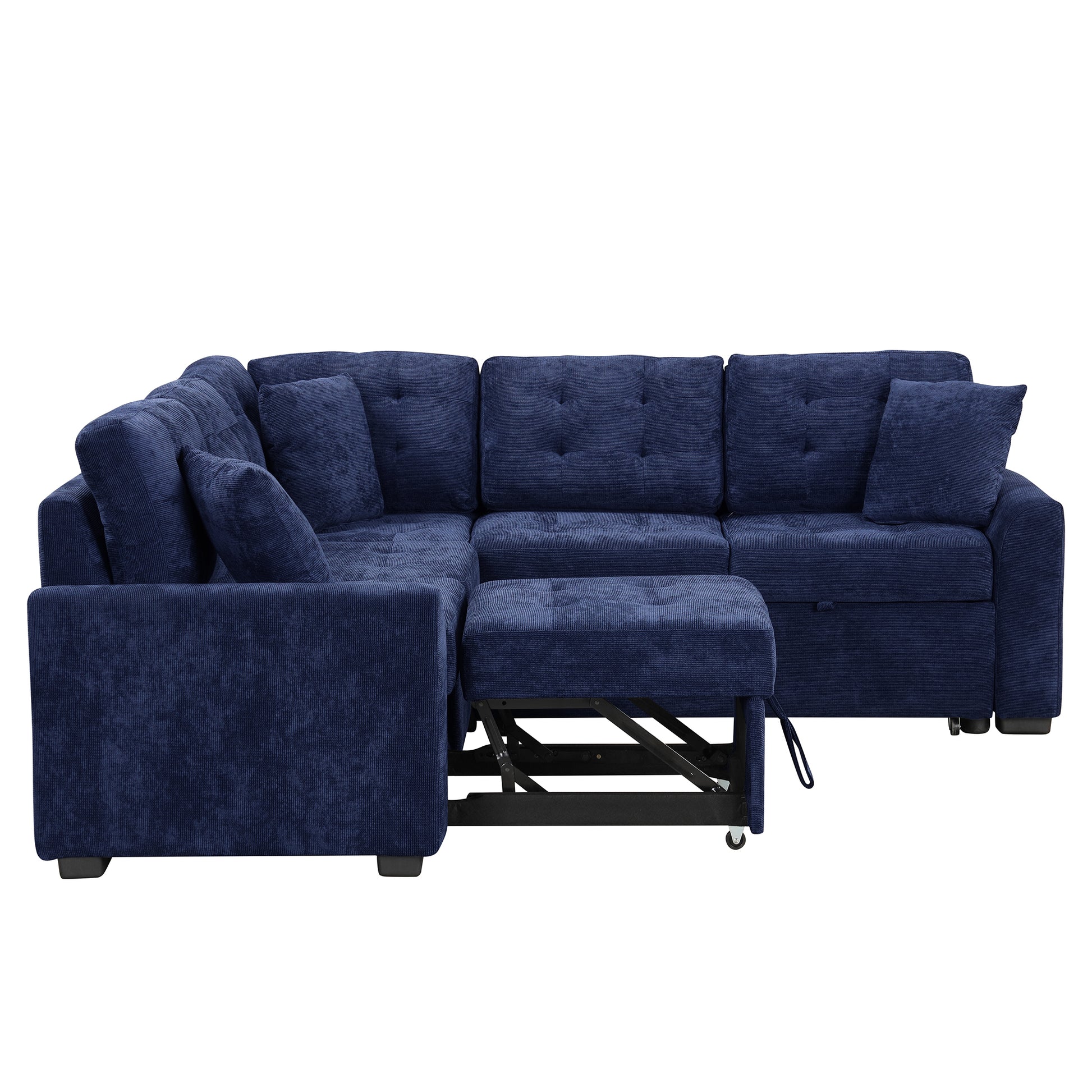 82.6" L Shape Sofa Bed Pull Out Sleeper Sofa With Wheels, Usb Ports, Power Sockets For Living Room, Navy Blue Navy Blue Foam Velvet