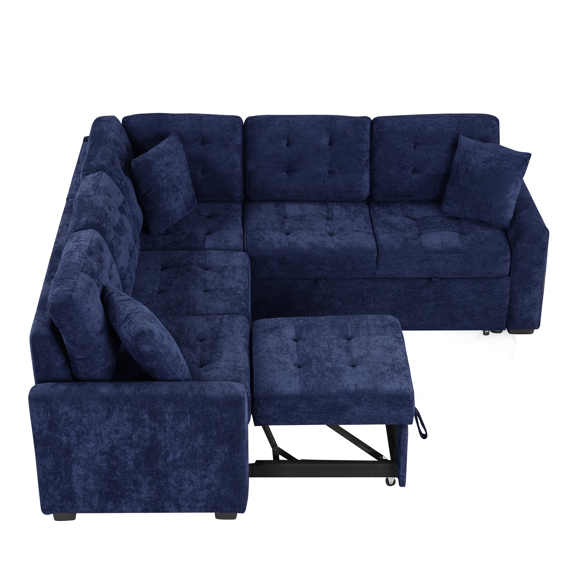 82.6" L Shape Sofa Bed Pull Out Sleeper Sofa With Wheels, Usb Ports, Power Sockets For Living Room, Navy Blue Navy Blue Foam Velvet